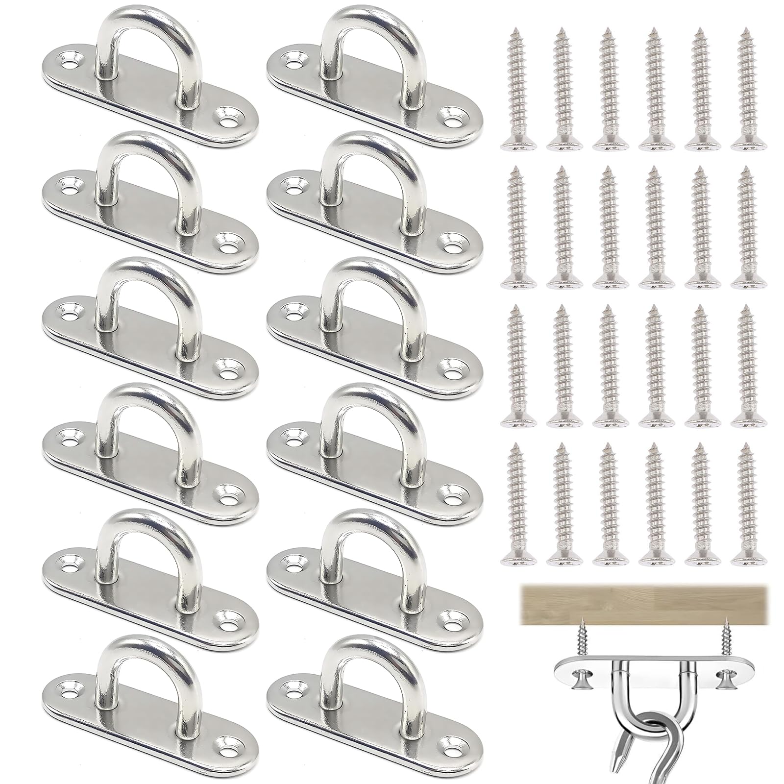 Terilamy 12 Pcs Stainless Steel Pad Eye Plate, U-Shaped Eye Plate with 2 Holes Heavy Duty Metal Ceiling Mounting Eye Plate with 24 Pack Screws for Wall Ceiling Hanging Rope Loop Mount Suspension