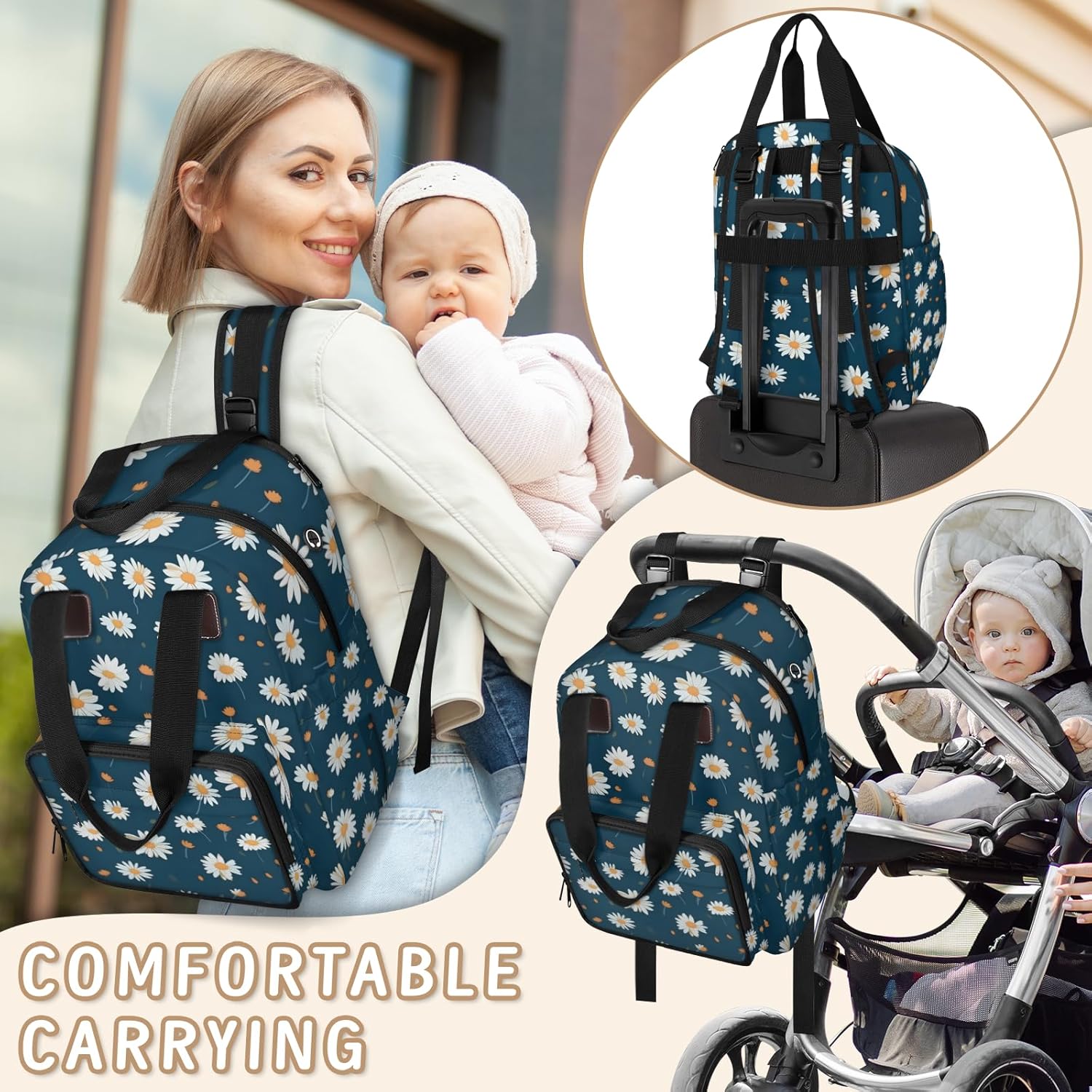 KOBLEN Daisy Diaper Bag Backpack Baby Essentials Travel Tote Bag with Insulated Pockets Multi-functional Diaper Bags Organizer Bag for Women Men
