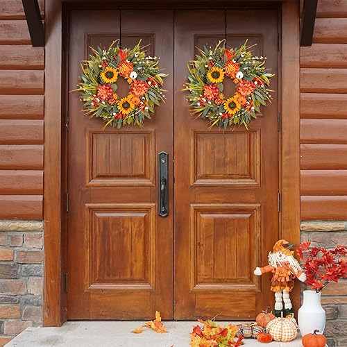 Miniatura 4 de Coronas de otoño para puerta delantera, corona de otoño de 24 pulgadas con calabazas, girasoles y bayas, corona de otoño al aire libre para porche,