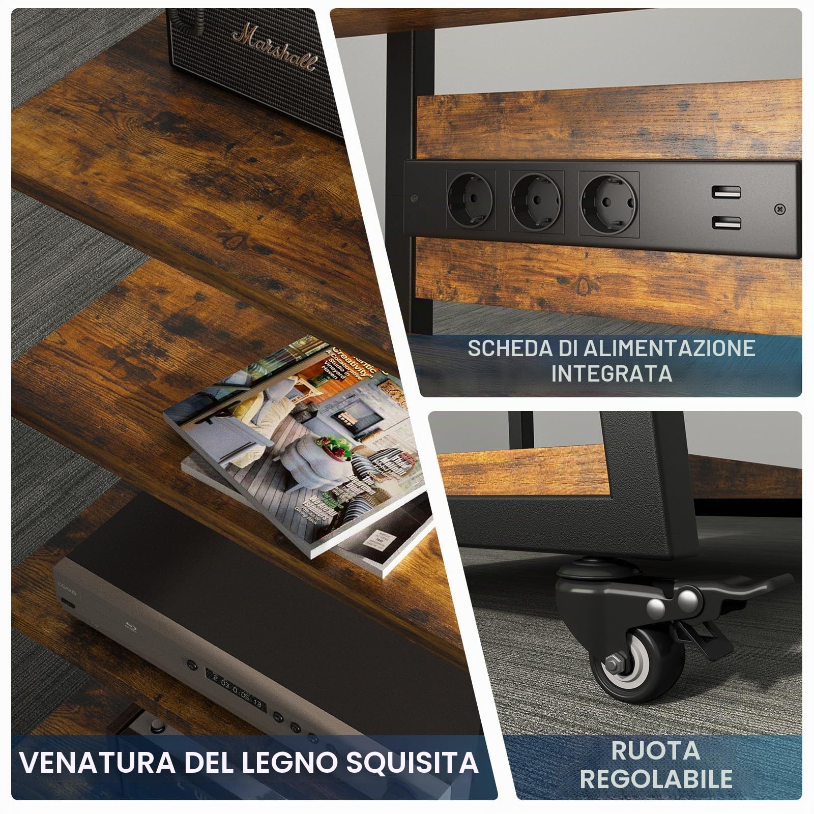Mobile HiFi 4-level | Con prese multiple e ripiano regolabile | 4 ruote girevoli e 2 luci LED (app controllo) | 60x51x85cm Mobile Giradischi in legno e acciaio per impianto audio, impianto stereo