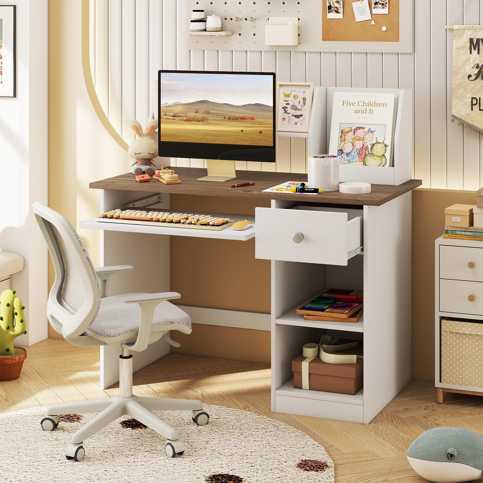 COSTWAY Kinderschreibtisch aus Holz, Kinder Schreibtisch mit Schublade, Tastaturablage & Bücherregal, Schülerschreibtisch für Kinder ab 3 Jahren, 90 x 45 x 90 cm (Natur)