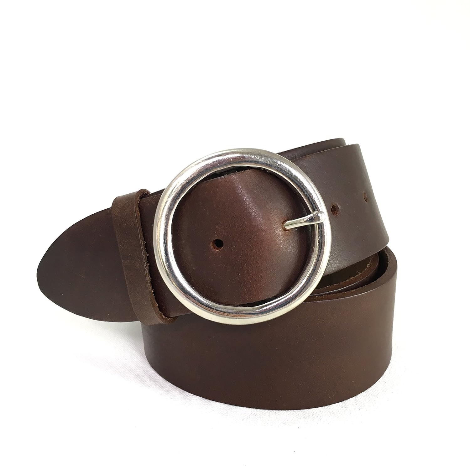 2 Inch Wide Leather Belt in Brown with Silver Round Buckle Natural