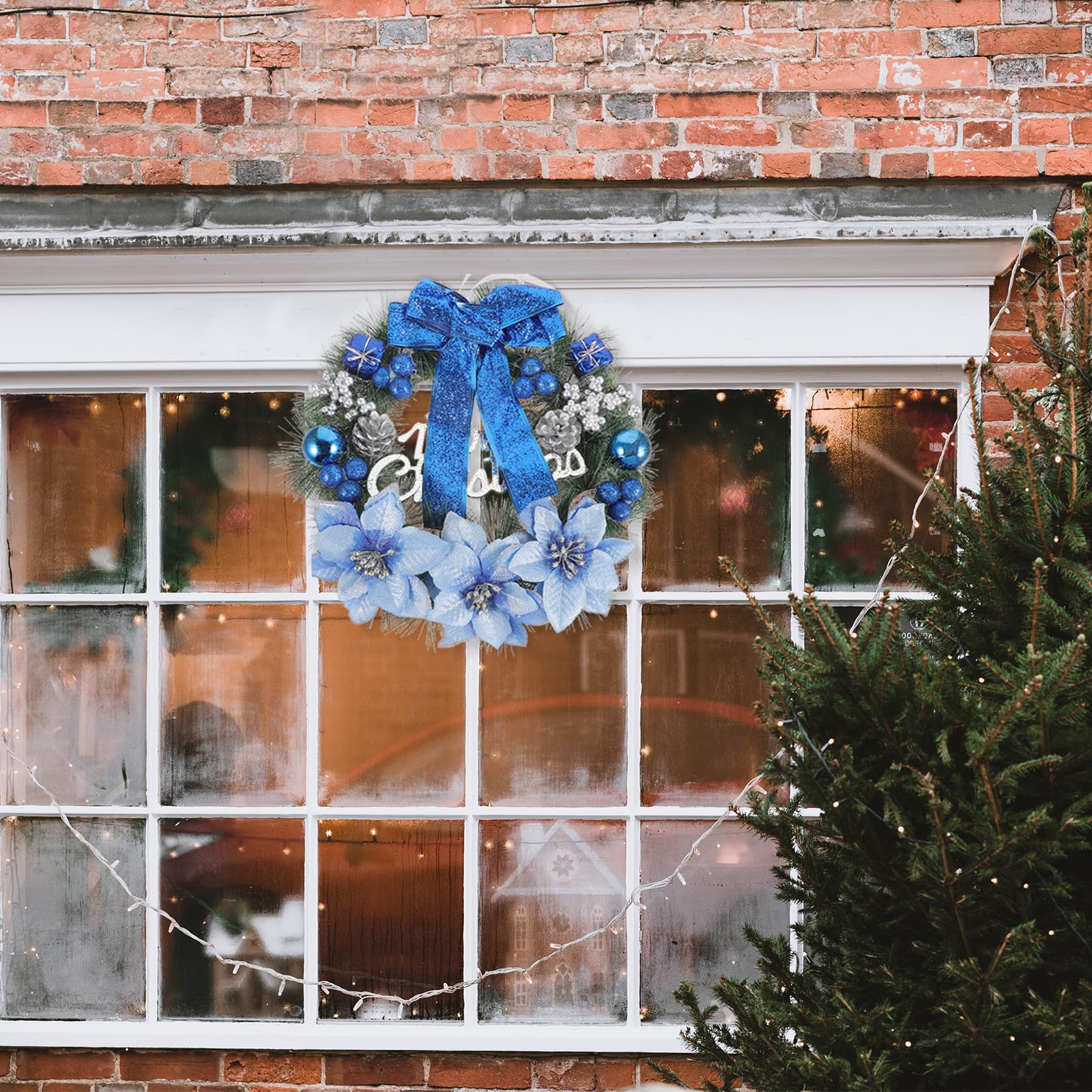 Housoutil Couronne de pin artificielle - Guirlande de Noël - Bleu - 39 cm | Couronne de pin de Noël à suspendre pour maison, mur, porte, décoration de fête