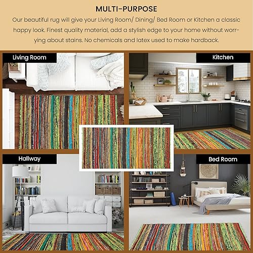 Miniatura 6 de India Artistic Alfombra reversible Chindi multicolor Alfombra de algodón tejida a mano, 4 x 6 pies, reciclada para sala de estar y cocina