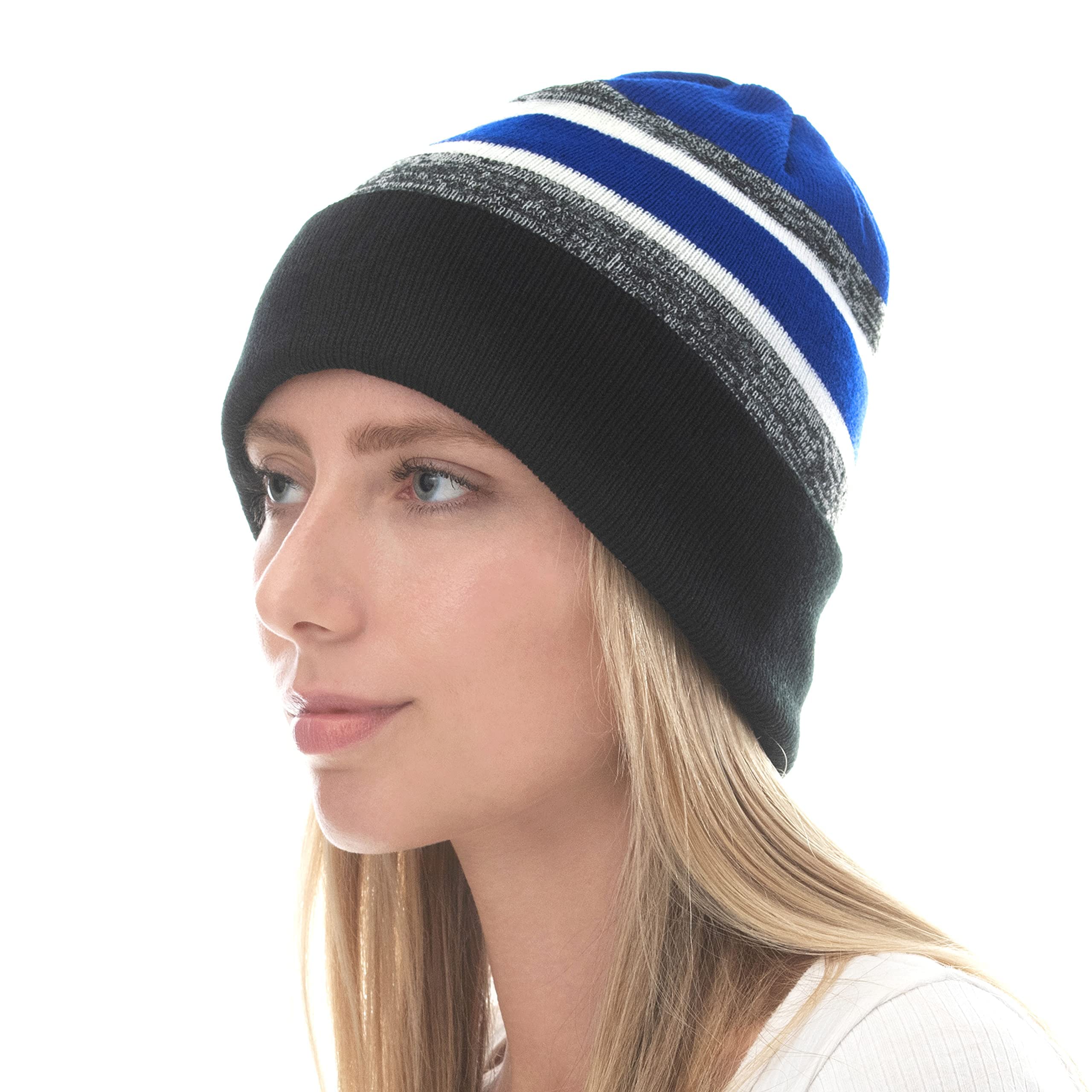 Winter Beanie Soft Cuff Pom Pom Stripe Knit Skull Slouch Ski Hat, Black and Royal, One size