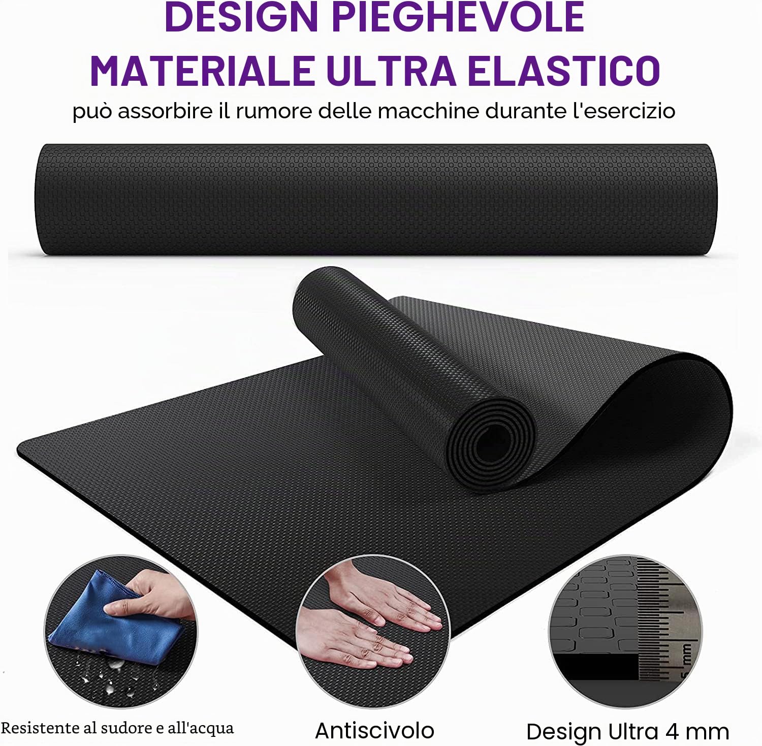 Tappetino per tapis roulant, tappetino protettivo resistente per cyclette, spin bike, attrezzature per il fitness, 180 cm x 75 cm, nero