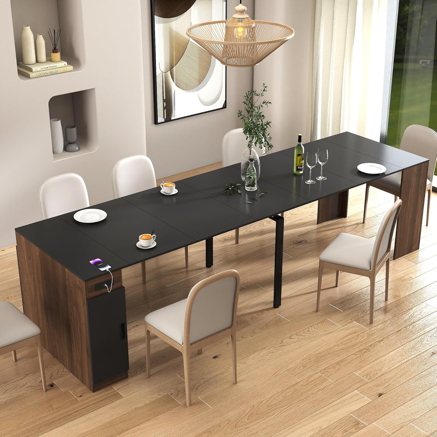24"-118" Extendable Dining Table with Storage for 2-12 People, Modern Space-Saving Extra Long Wood Folding Table with USB & AC Outlets, Multifunctional Conference Meeting Desk, Black & Walnut