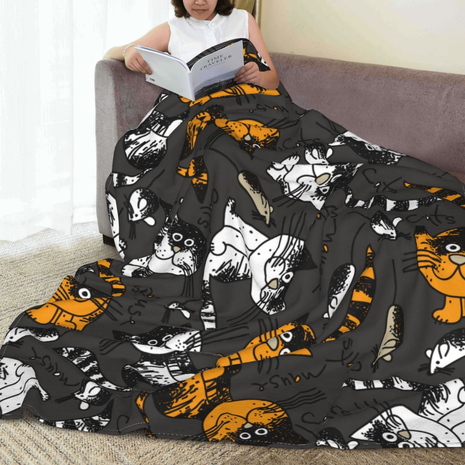 Coperta con gatti bianchi e arancioni per letto, divano, sfondo grigio, coperta in pile leggera, morbida e accogliente, 127 x 101,6 cm