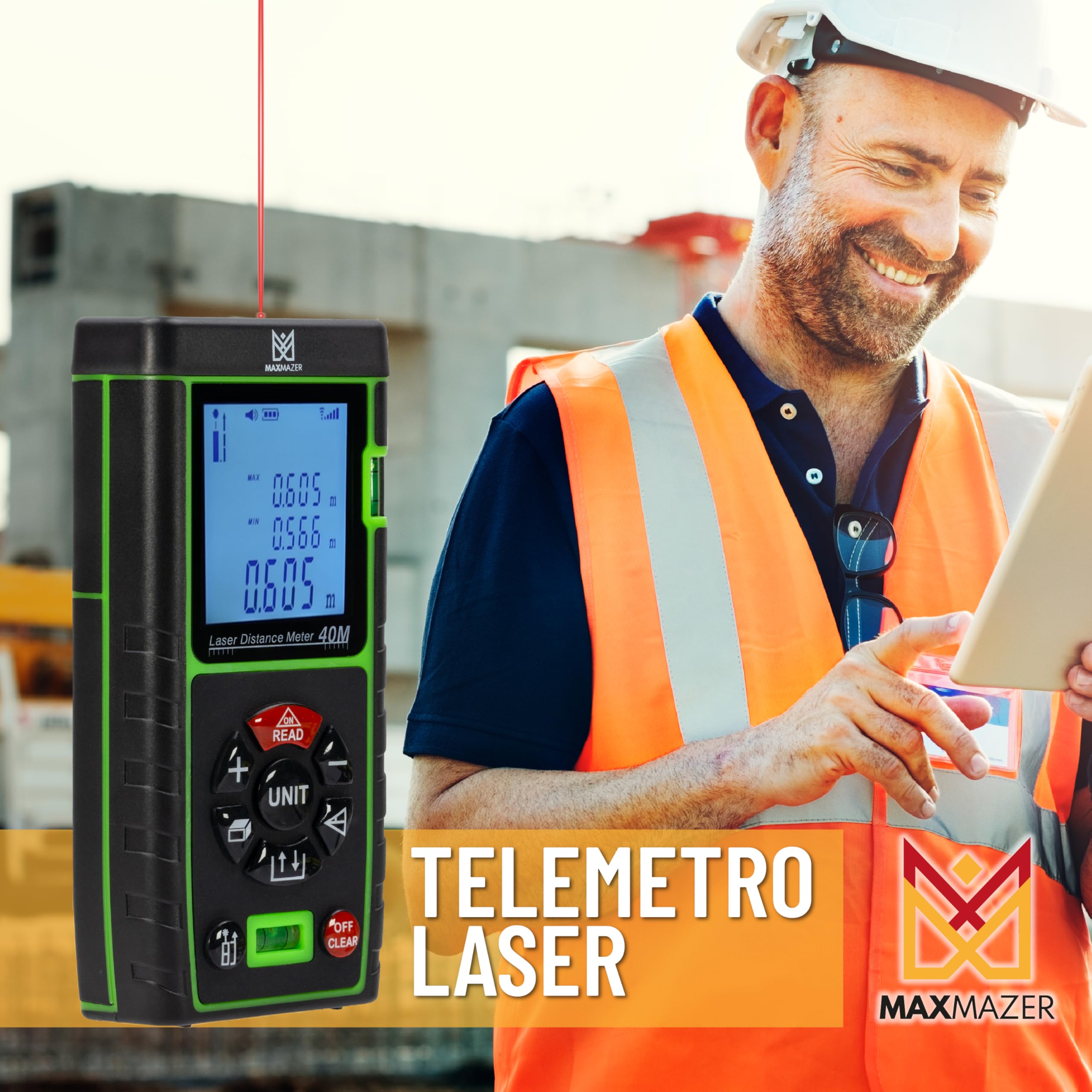 Metro Laser Professionale 40 m con Livella Integrata, Misuratore di Distanza Laser IP54, Telemetro Digitale Preciso e Robusto per Edilizia, Casa e Fai-da-Te