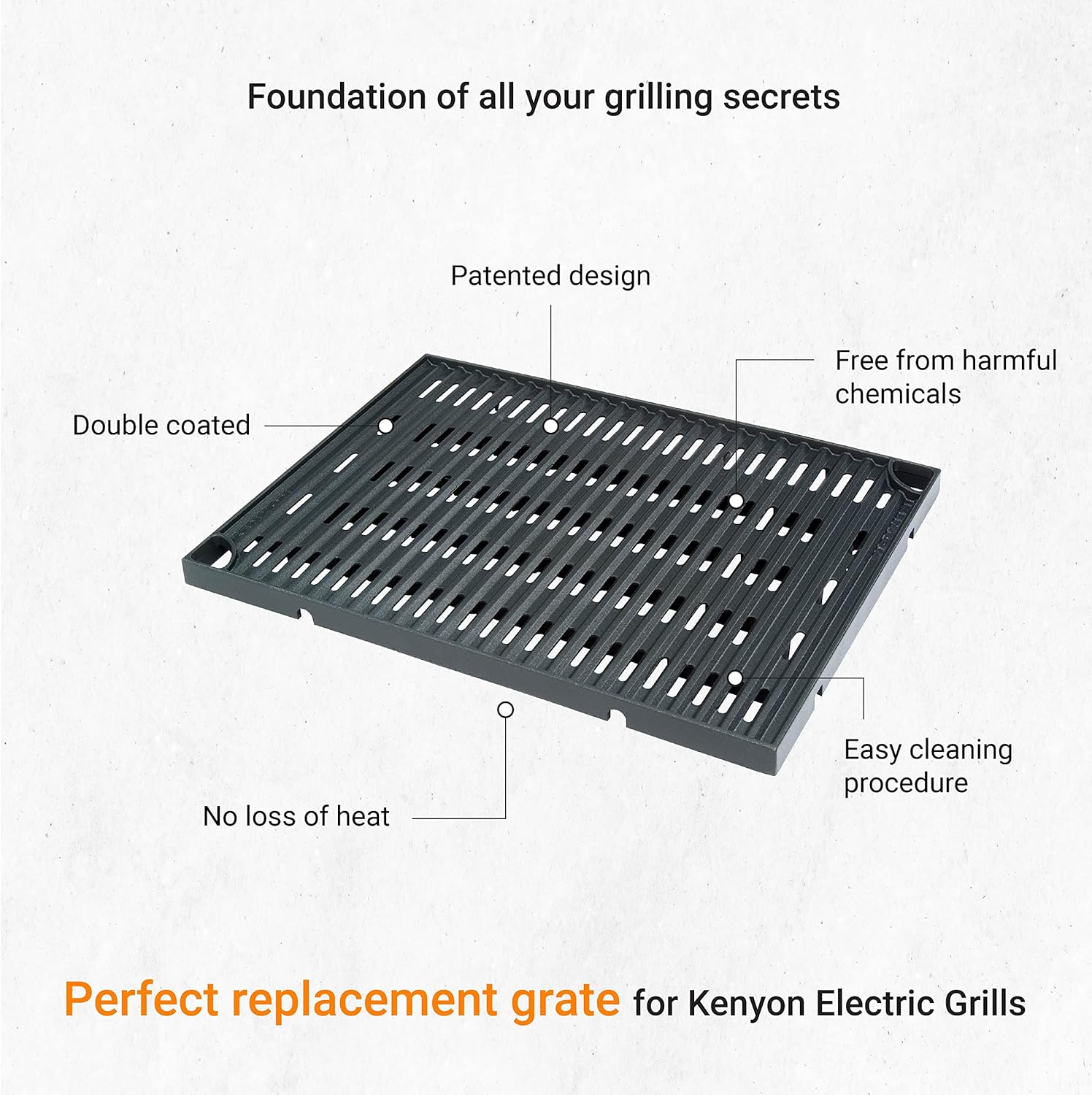 Kenyon Grill Grate, Surgical Grade Non-Stick Metal Grate, Cast Aluminum-Made Cooking Grate, Quick Heat Up And Cool Down, Prevents Heat Loss, Smoke, And Flare-Ups, Dishwasher Safe, Black