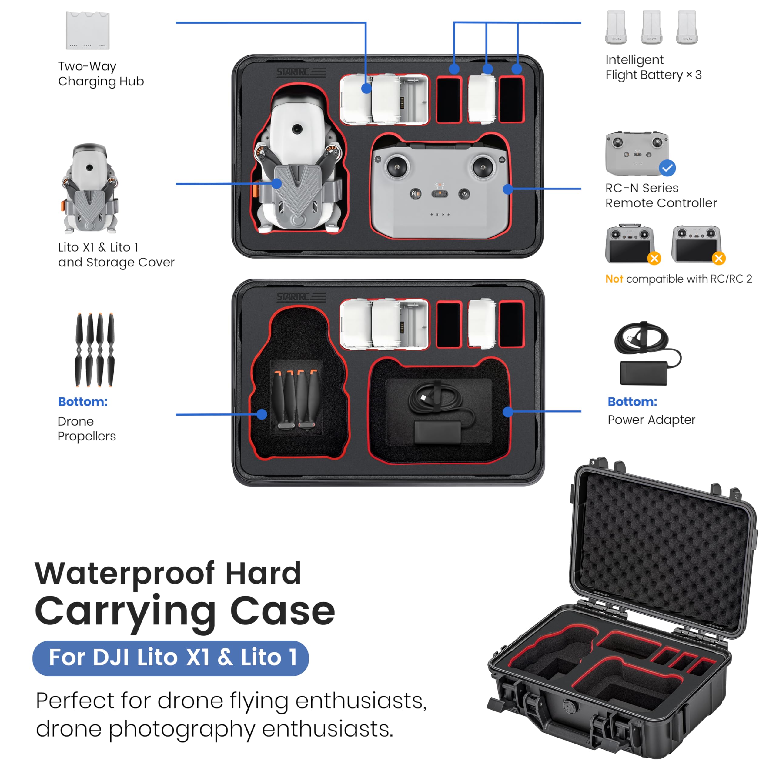 STARTRC Étui Lito X1/1, Étui de Transport Rigide étanche pour DJI Lito X1/1 Combo Fly More Accessoires pour DJI Manette RC N3/N2, 7 Batteries et Station de Charge 【Pas pour RC 2】