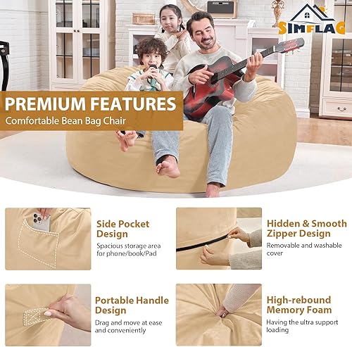 Miniatura 446 de Puf de 5 pies, puf grande con relleno de espuma viscoelástica, sofá puff esponjoso con funda de terciopelo holandés, puf redondo para sala de estar,