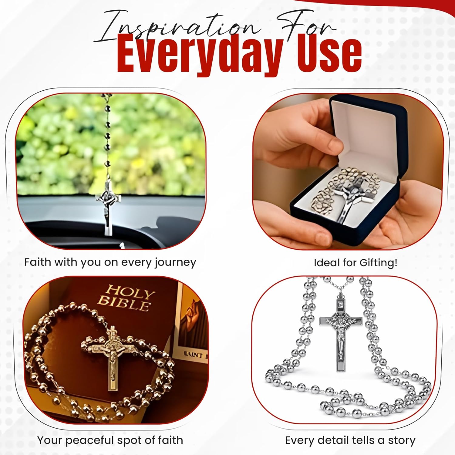 SANCTUM VERITAS Catholic Rosary Necklace | Large Bead Italian Rosary, Christian Prayer Beads for Car Mirror Decor, First Communion Religious Gift for Men and Women, Catholic Keepsake (Silver Steel) - Image 6