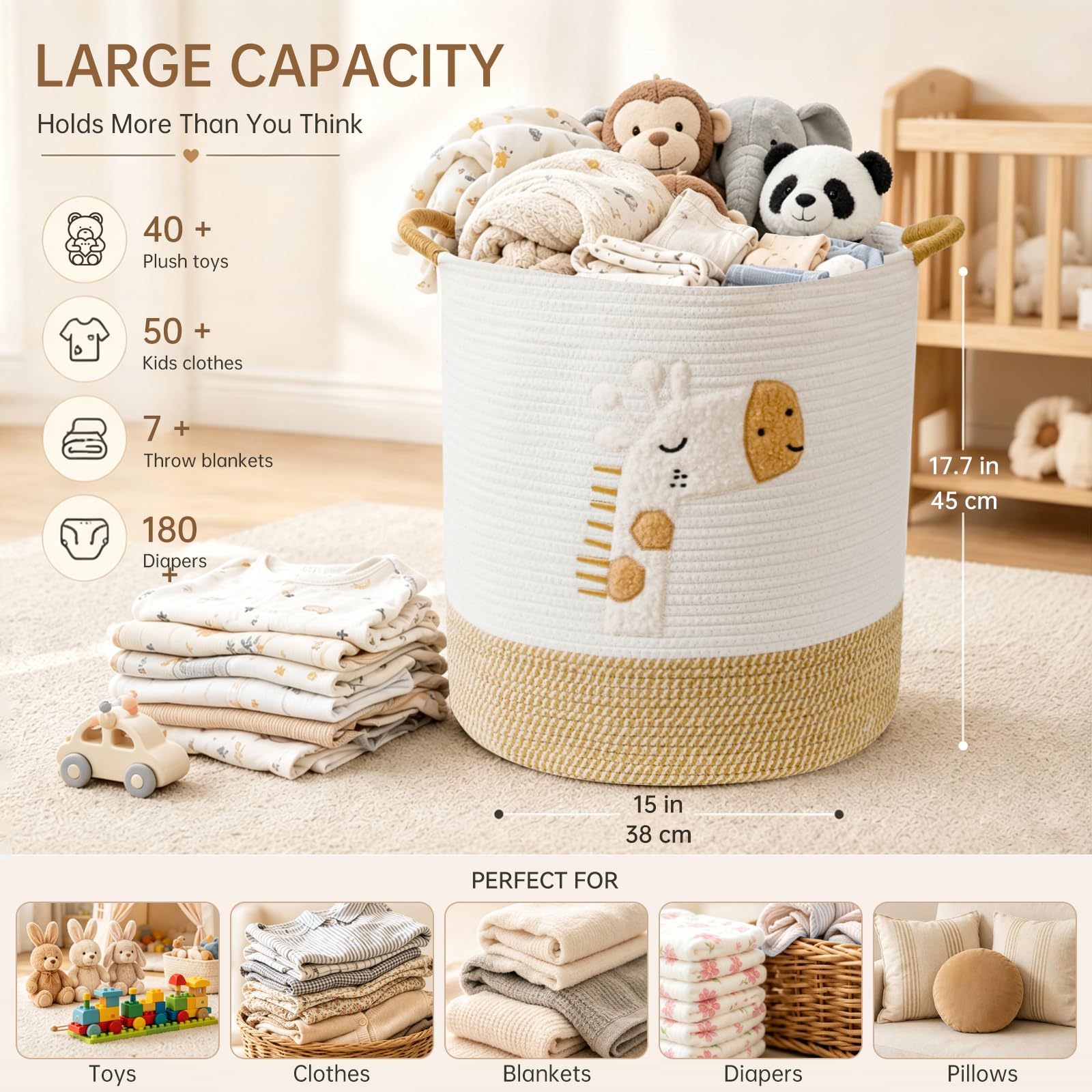 Cesto Portabiancheria 51L Grande Cesta Giochi Bambini Cesto Biancheria Sporca Contenitore Giochi Cestini Portaoggetti, Cesta di Stoccaggio in Corda di Cotone per Bambini con Maniglie, Giraffa