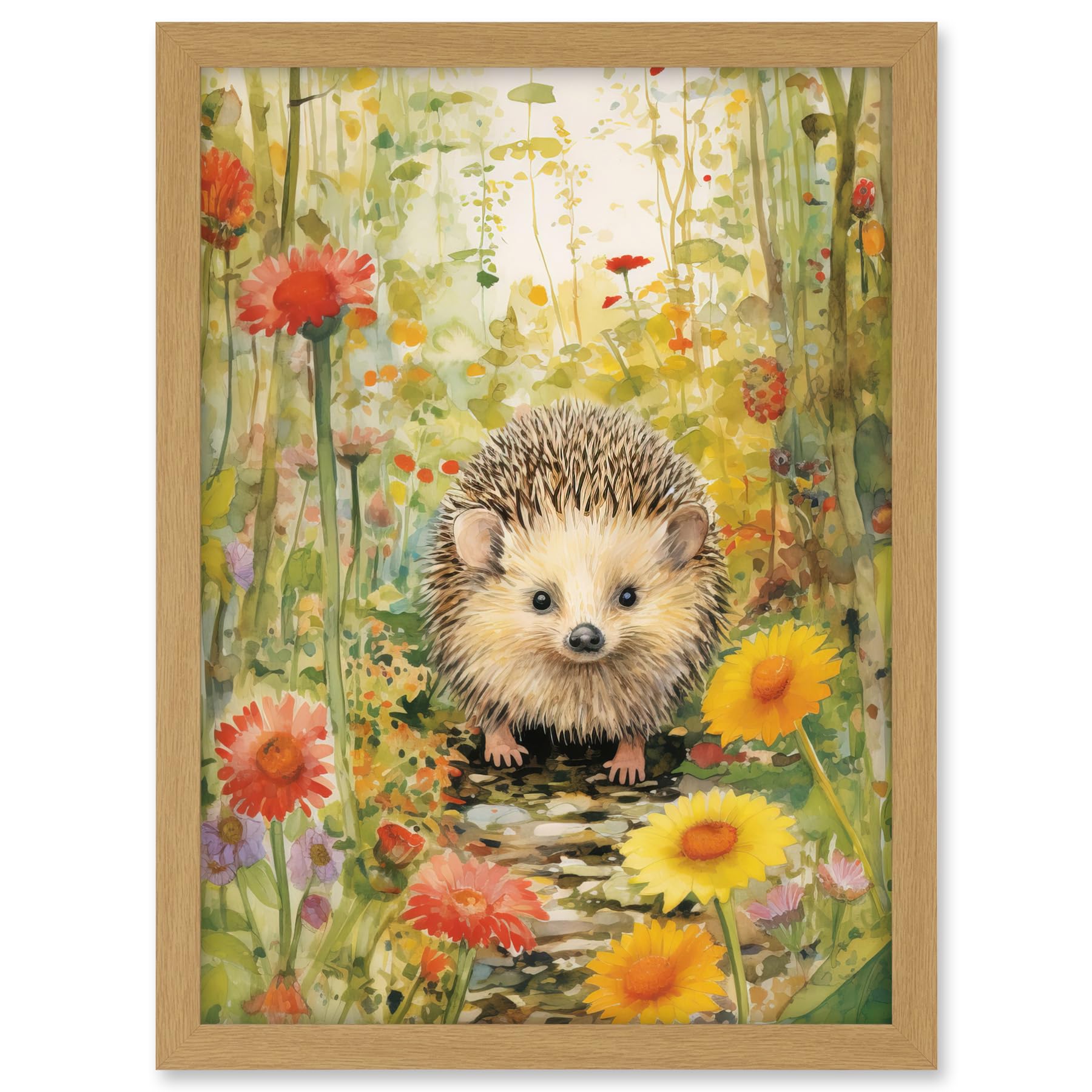 Artery8 Adorable Hedgehog in a Wildflower Meadow Watercolour Painting Kids Bedroom Cute Woodland Creature Artwork Framed A3 Wall Art Print