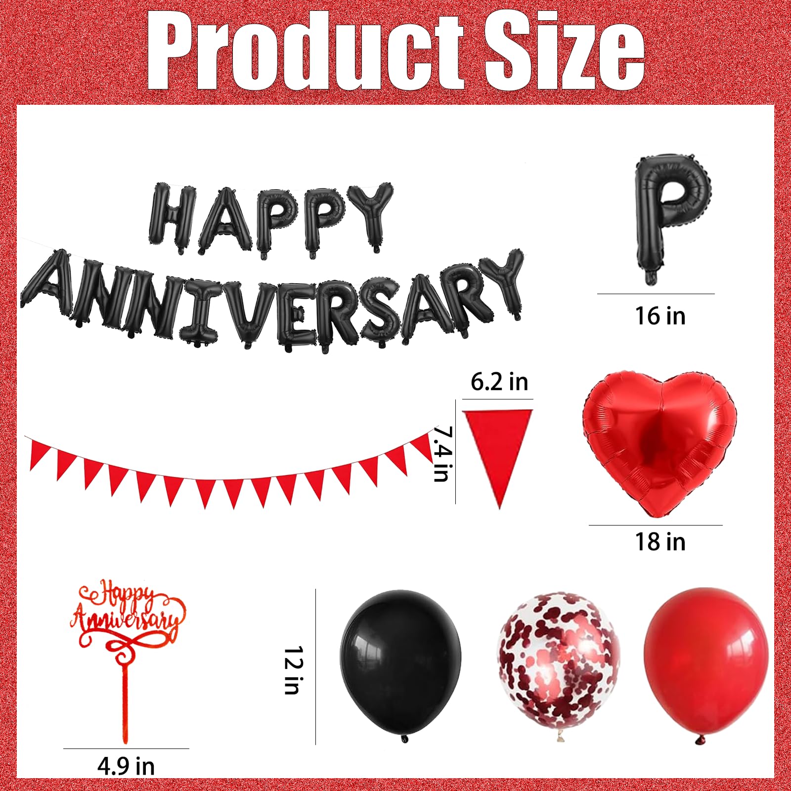 Happy Anniversary Decorations, 48Pcs Black Red Romantic Wedding Decoration Set including Heart Foil Balloon - Image 3