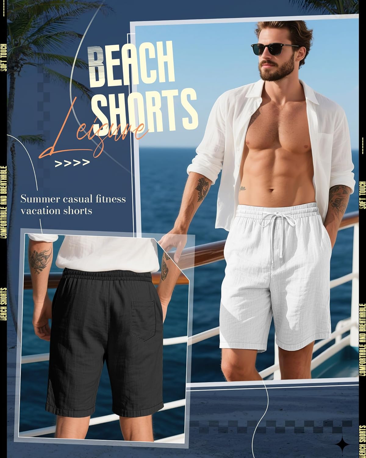 Ficerd 2 Pack Men's Linen Shorts, Elastic Waist Beach Pants with Drawstring Pockets Summer Casual Gym Vacation Shorts - Image 2