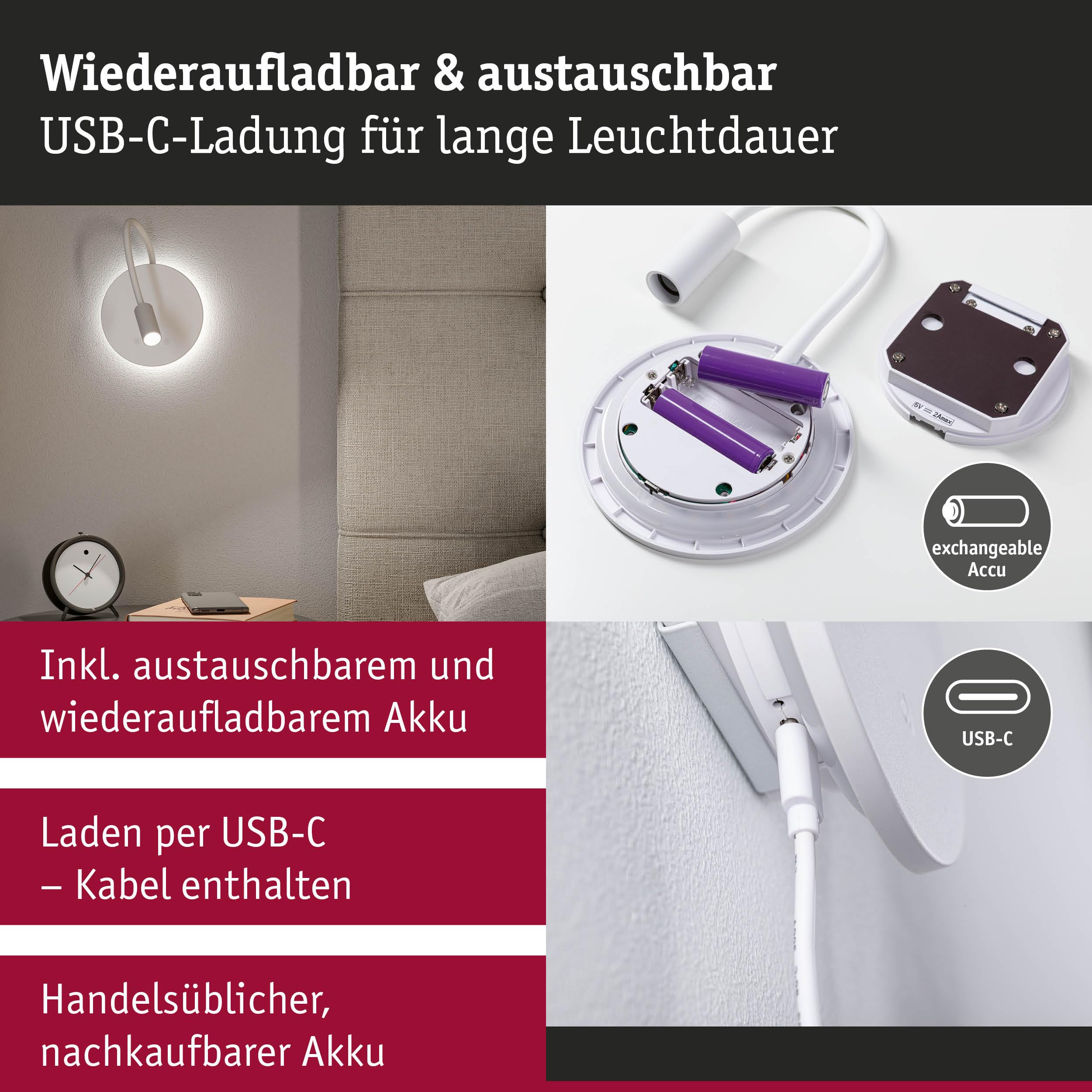 Paulmann 71289 LED Akkuwandleuchte Miora 2700K 78lm / 82lm 3,7V 0,6W / 0,7W dimmbar Weiß