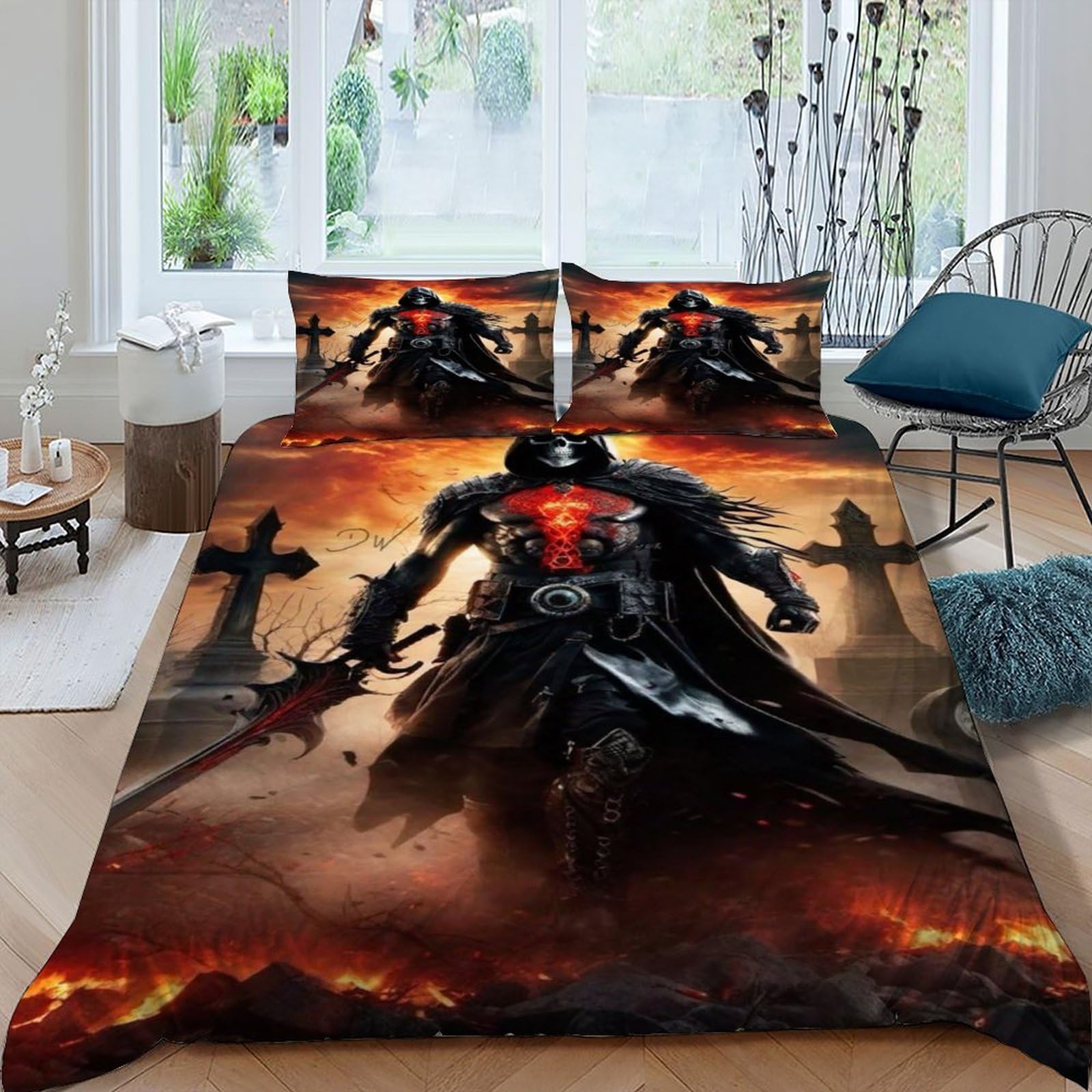 Housse de couette Skull Warrior anti-plis pour lit gothique 220x240cm sans repassage fastidieux