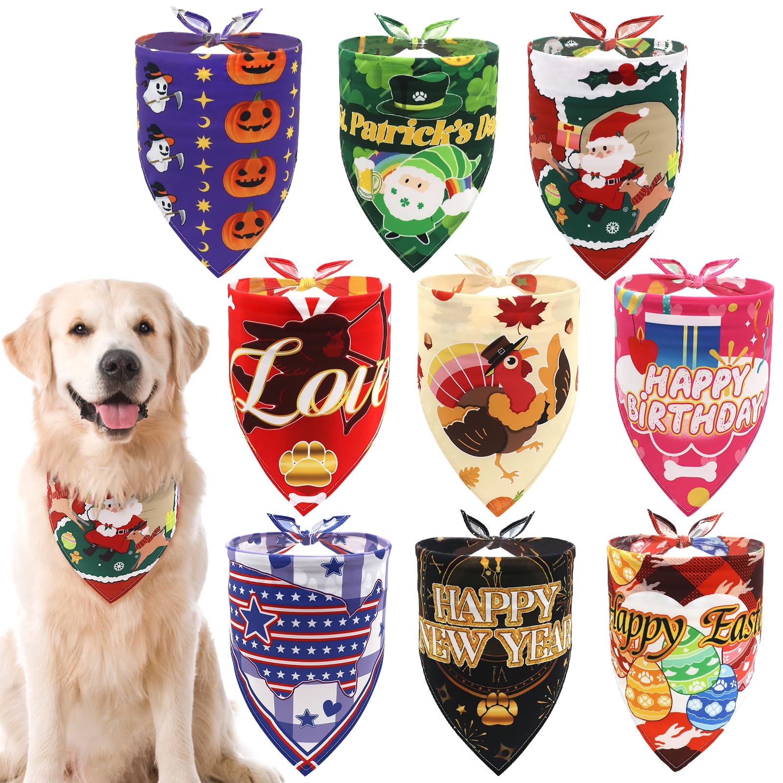 COMSUN 9 Pack Dog Bandanas, Polyester Dog Bandana Bulk for Boy Girl, Pet Scarf Washable, Holiday Patterns Bulk