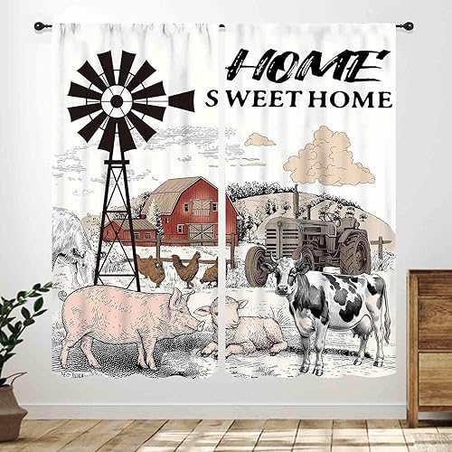 Miniatura 10 de Cortinas de cocina de granja, animales de granja rústica, gallo, pollo, leche, vaca, cerdo, molino de viento, granero rojo, retro, casa rural,