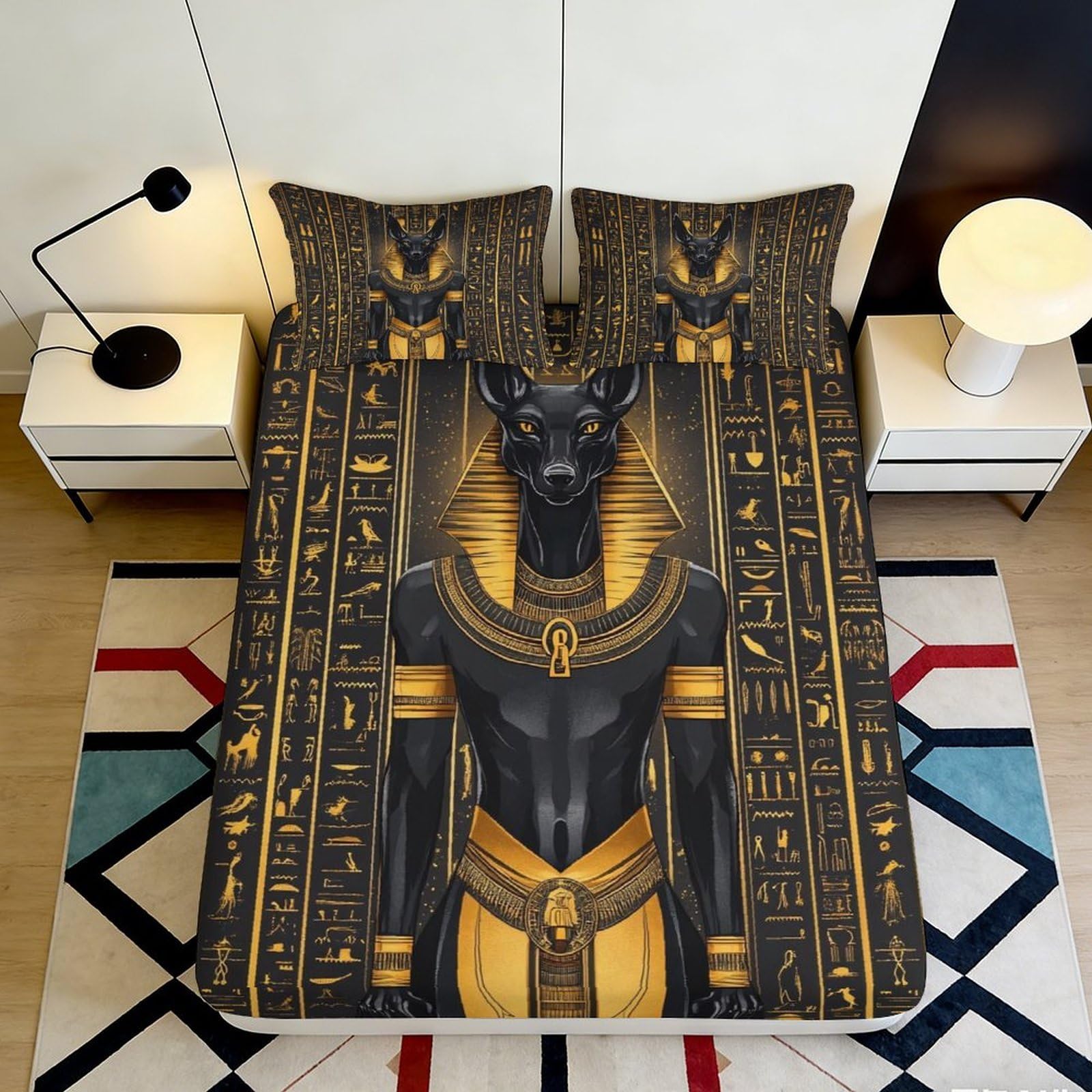3D Printed Ancient Egyptian Anubis Fitted Sheet Microfiber Gold Black Hieroglyph Mattress Cover for Bedroom Decor 200x200x25cm