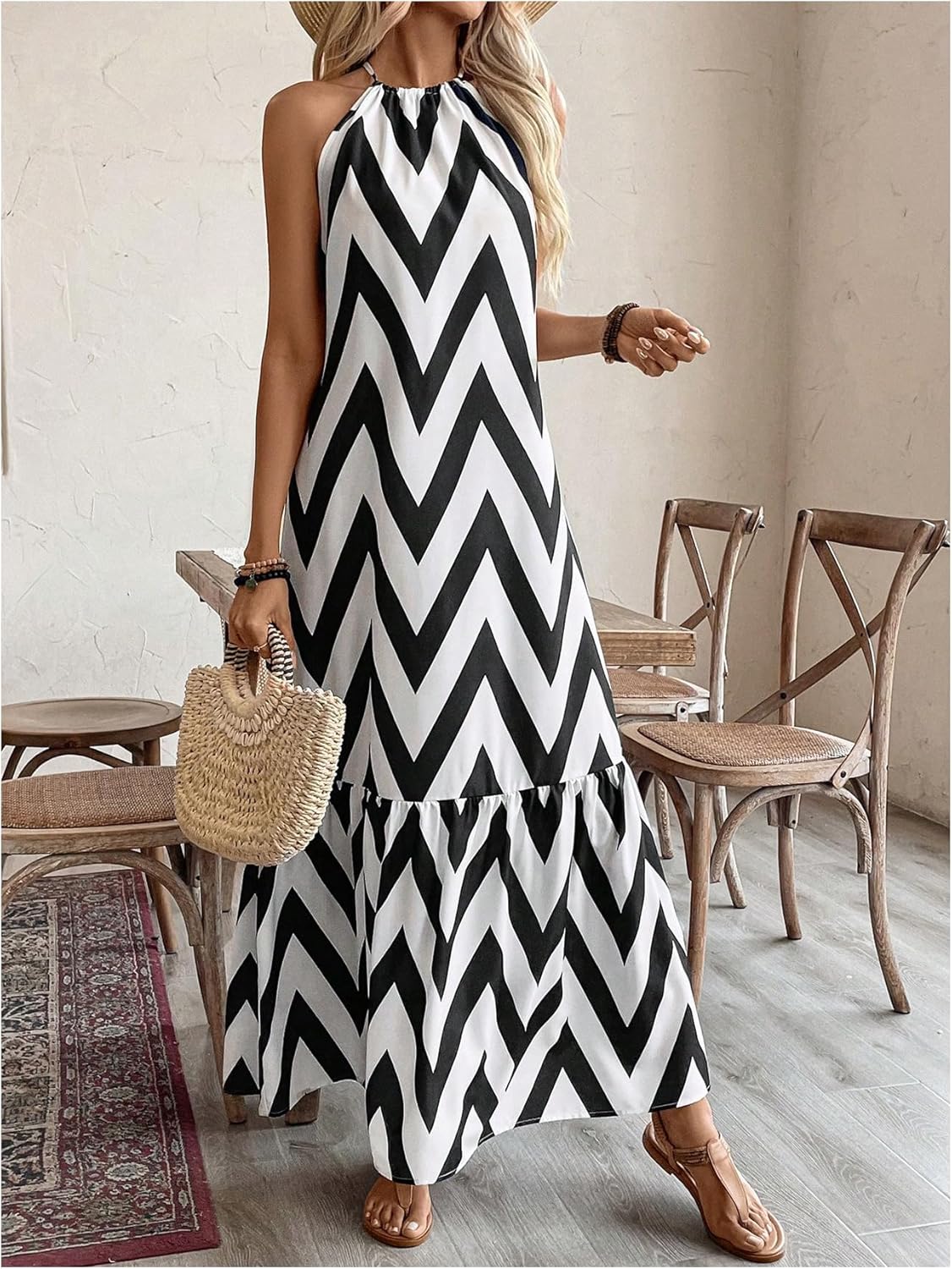 Women's Striped Halter Long Dress Tie Back Ruffle Summer Loose Flowy Sundress Vacation Outfits - Image 5