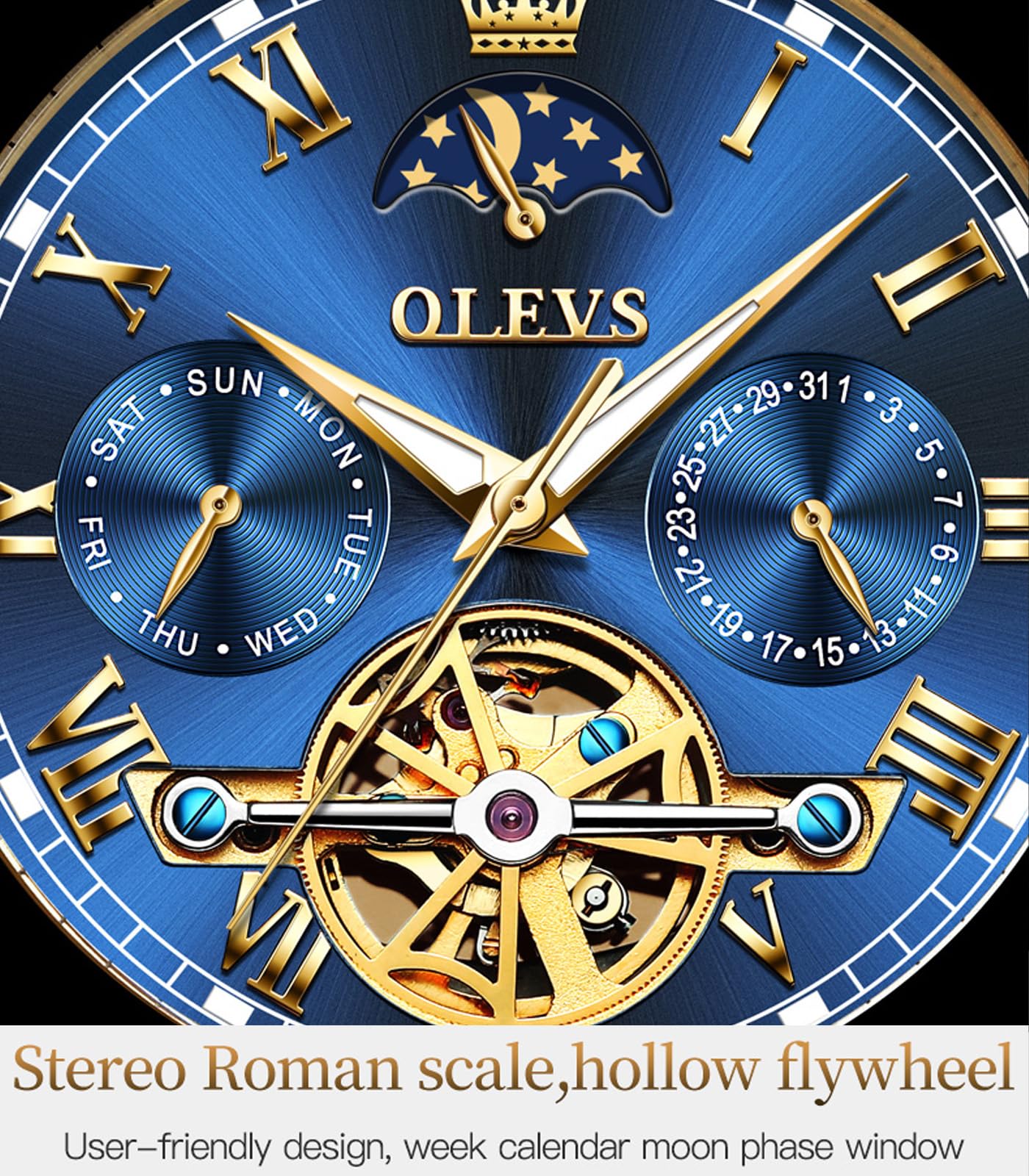 OLEVS Automatyczny samonakręcający się szkielet zegarek dla mężczyzn - turbillon, bez baterii, luksusowa stal nierdzewna z datownikiem, mechaniczny, wodoodporny, modny, G6617-niebieski, bransoletka