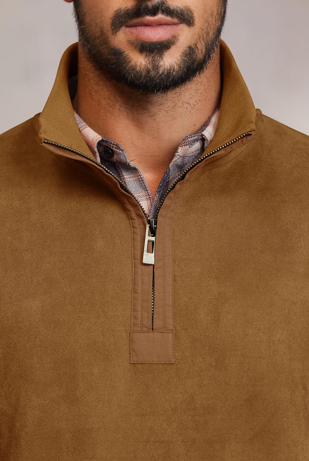 Mens Western Quarter Zip Pullover Midweight Mock Neck Suede Fabric Casual Sweatshirts (S-XXL) - Image 7