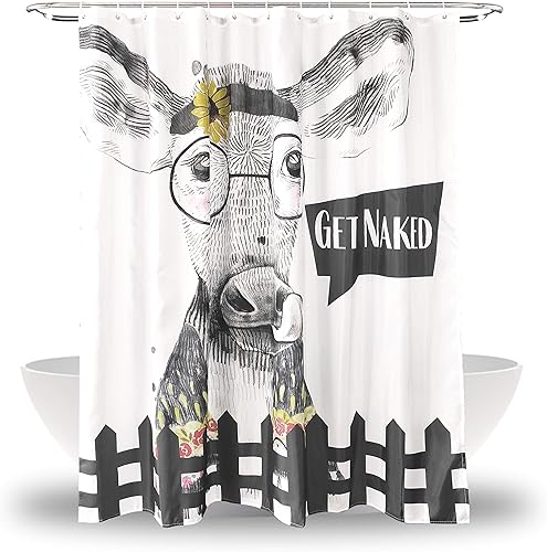 Rucci & Leon Get Naked - Divertida cortina de ducha de vaca con diseño de animales de granja, color negro, blanco, amarillo, para decoración de