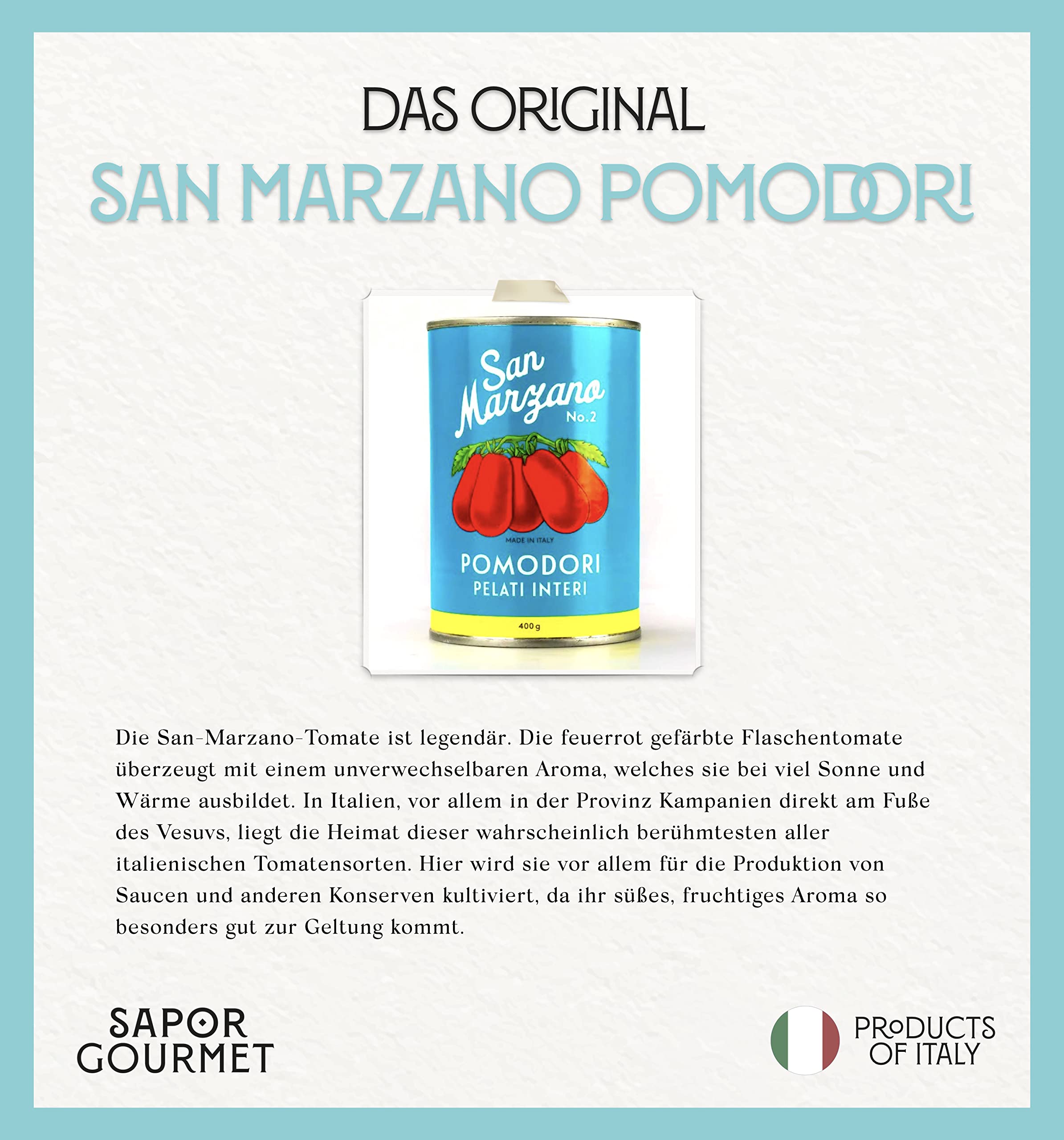 Sapor Design SAN MARZANO Tomaten aus Italien | Die besten Tomaten der Welt im Set | Dosentomaten, San Marzanos | Viele Varianten (San Marzano Vintage (Türkis), 48 Dosen)