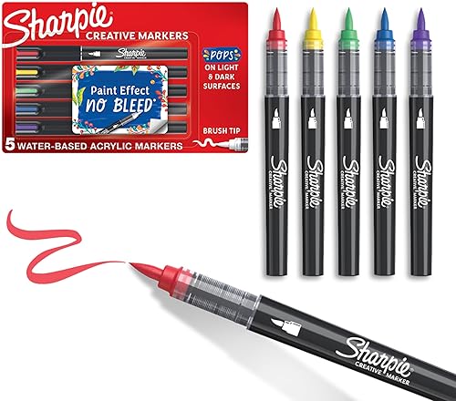 SHARPIE Marcadores acrílicos creativos, colores surtidos, punta de pincel, a base de agua, juego de 5 unidades, perfectos para suministros de arte,