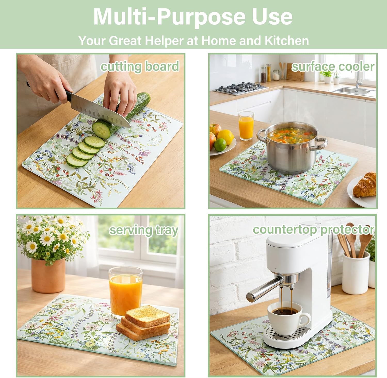 WRINGKIT Set of 2 Floral Tempered Glass Cutting Board, 12x16" Chopping Board with Non-slip Feet, Large Glass Kitchen Countertop Protector, Food Prep Serving, Scratch-Resistant, Easy to Clean