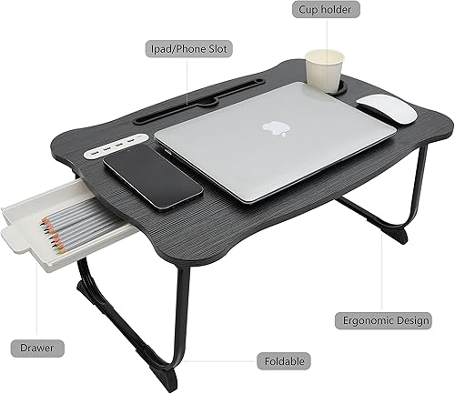 Miniatura 2 de Mesa plegable para laptop, mesa de cama para laptop, bandeja de servir mesa de comedor con ranura, con patas plegables y ranura para tazas, soporte