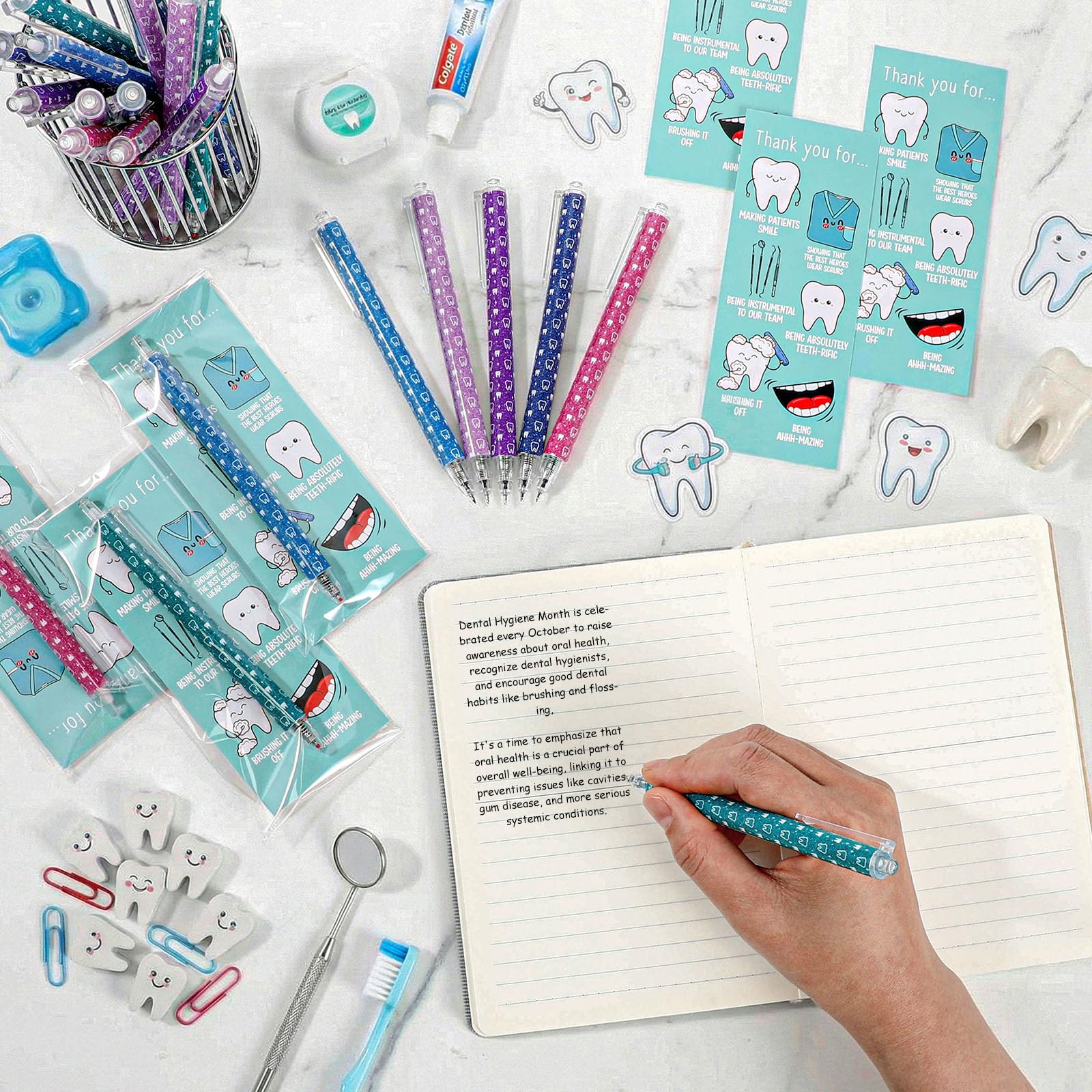 Sinload 24 Sets Oral Health Month Gifts Dental Gifts Teeth Ballpoint Pens with Thank You Cards Dental Appreciation Gift for Dentist Assistant Hygienist Nurse Student Graduation Cna Week Teacher