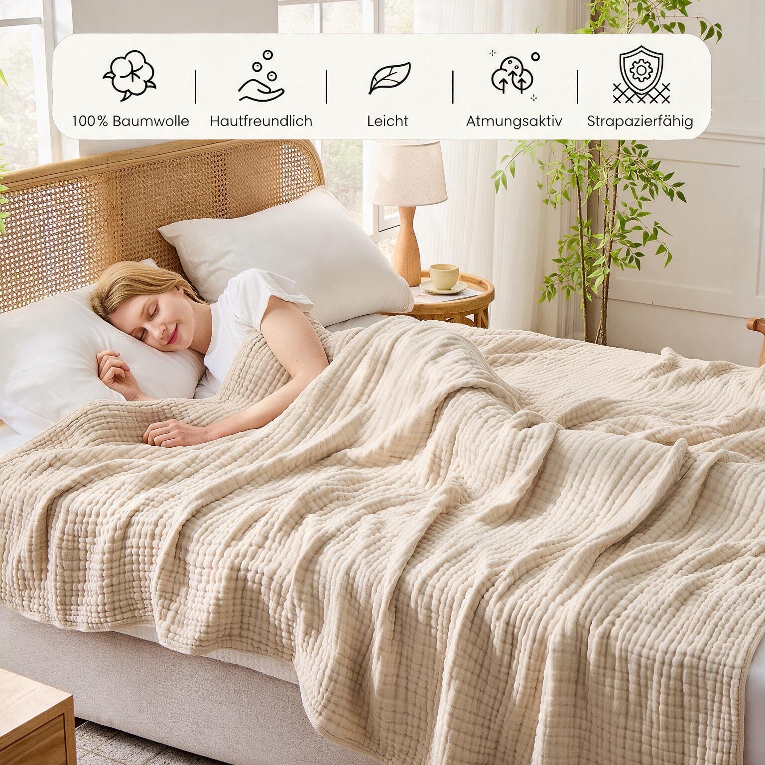 VANJOROY Musselin Tagesdecke 200x230cm-100% Baumwolle 6-Lagen Oeko-Tex Zertifizierte, Weiche Leichte Sommerdecke als Kuscheldecke, Bett-Überwurf, Baumwolldecke für Sofa und Bett. Beige