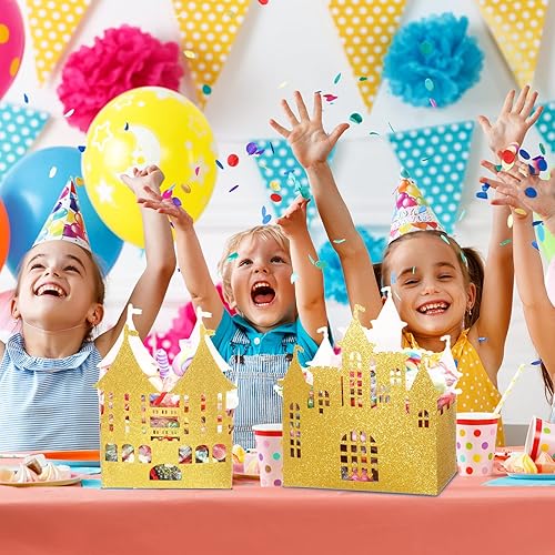 Miniatura 7 de Caja dorada de castillo de princesa de 24 piezas, decoración de fiesta de cumpleaños de princesa, centro de mesa de castillo dorado, suministros de