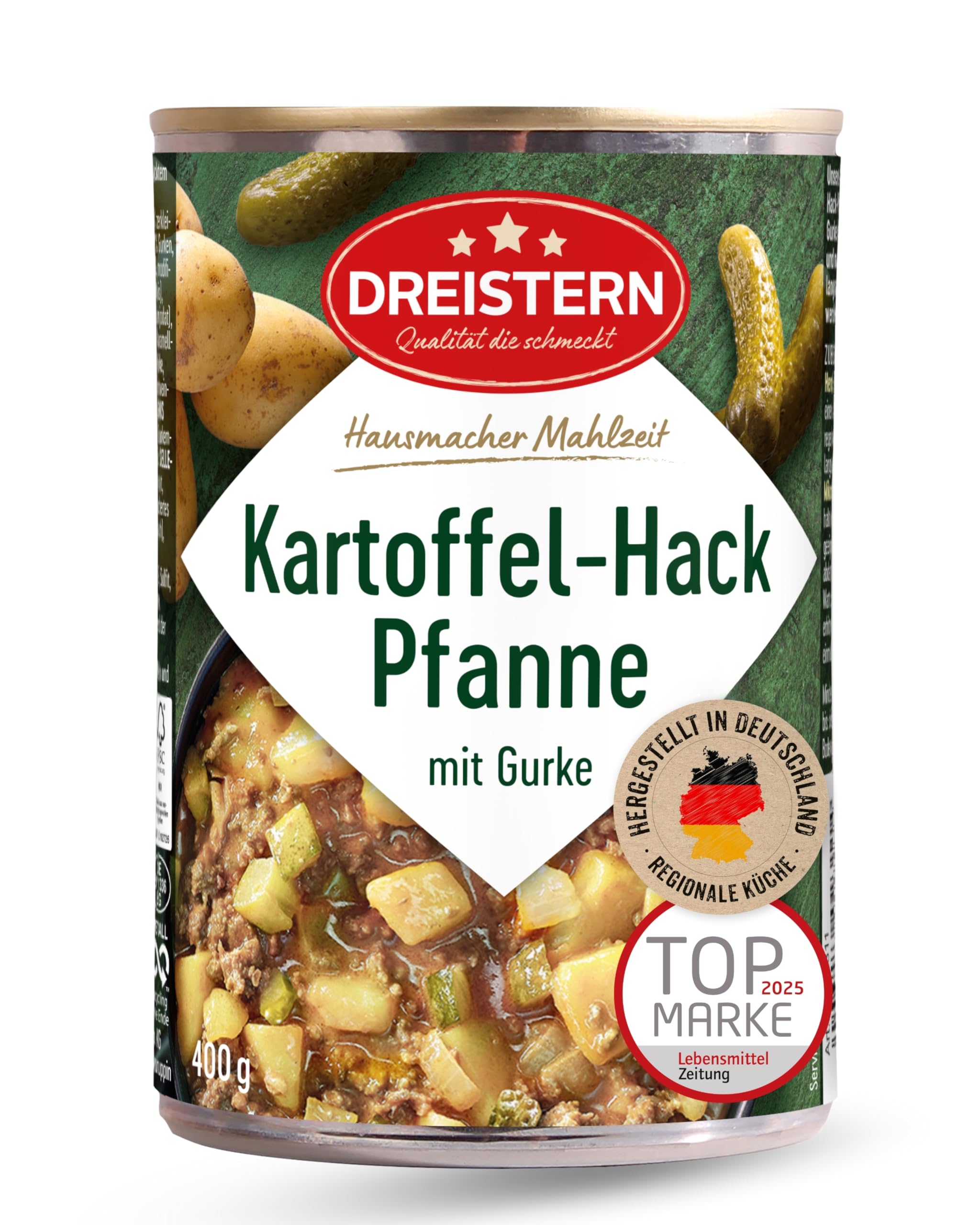 DREISTERN Kartoffelpfanne 400g I Mit Gehacktem & Gurke I Herzhaftes Fertiggericht in recyclebarer Konservendose I Lange Haltbarkeit dank natürlicher Konservierung I Hausmacher Qualität