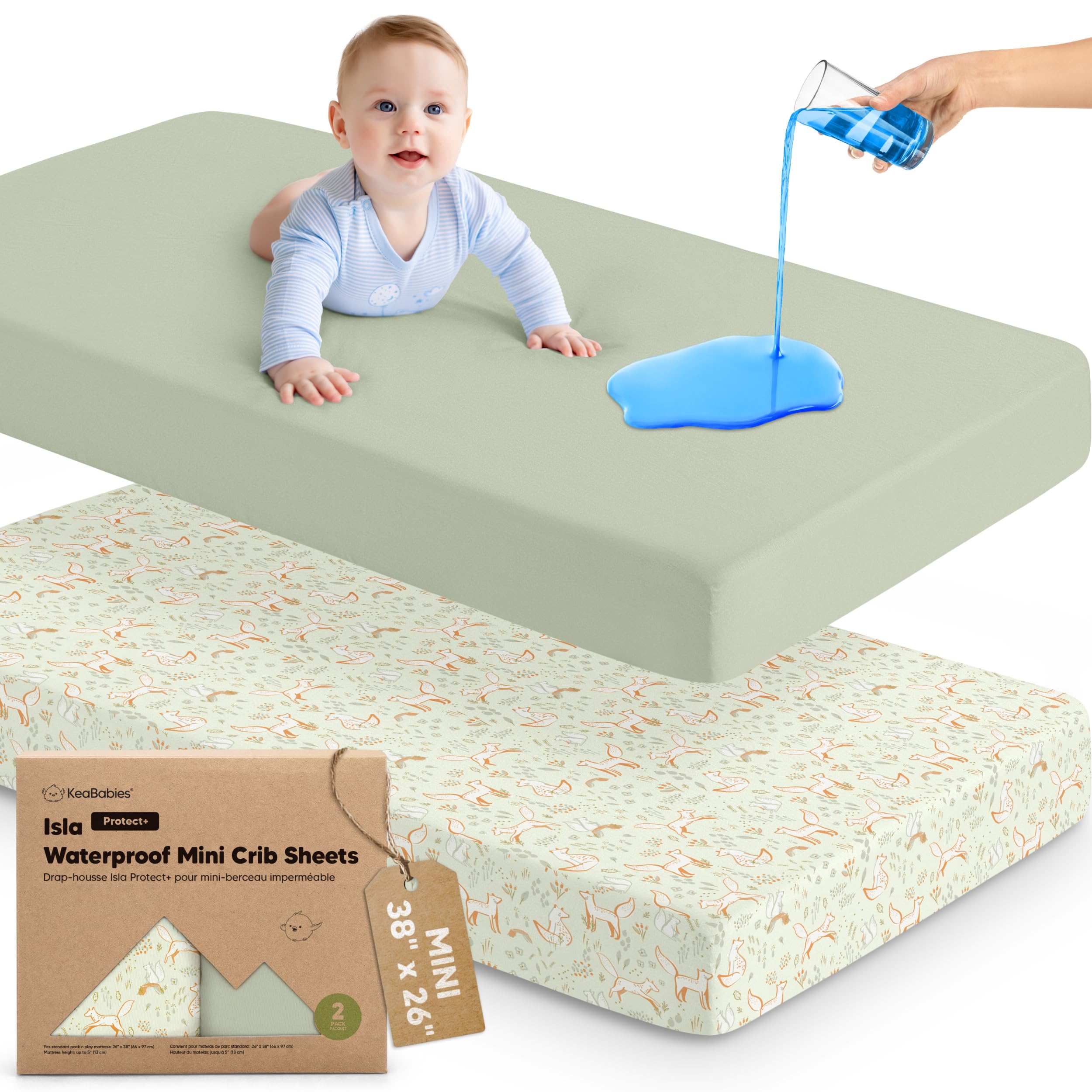 Photo 1 of 2-Pack Waterproof Pack and Play Sheets, Mini Crib Sheets Fitted for Boy, Girl - 38 x 26 Viscose from Bamboo Pack N Play Mattress Sheets for Graco, Toddler Playard Baby Crib Sheets Neutral (Foxtrot)