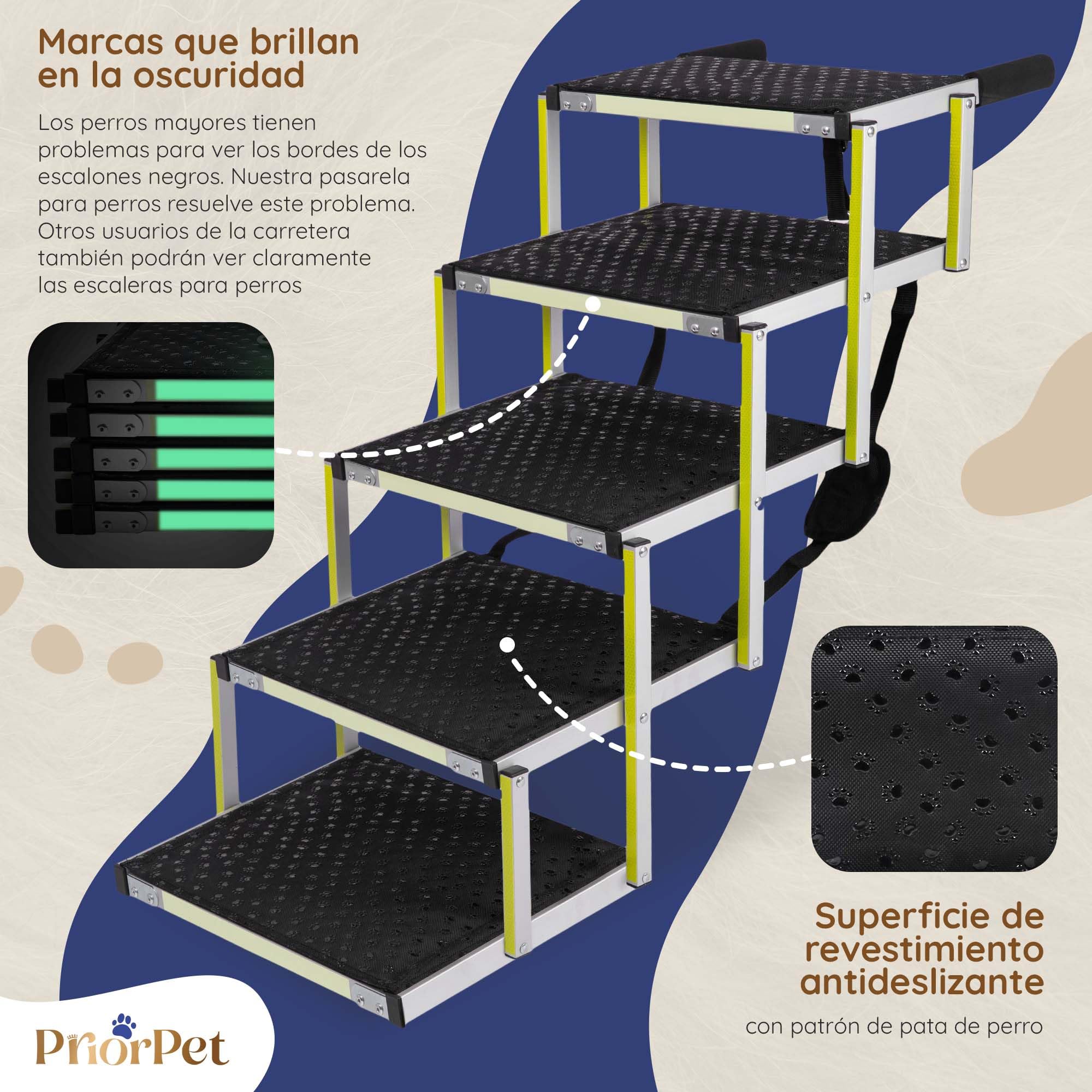 Escaleras para Perros Pequeños o Grandes PRIORPET - Marca Que Brilla en la Oscuridad - Rampa de Coche Plegable - Adecuada para Todos los Coches - Superficie Antideslizante - 5 Escalones