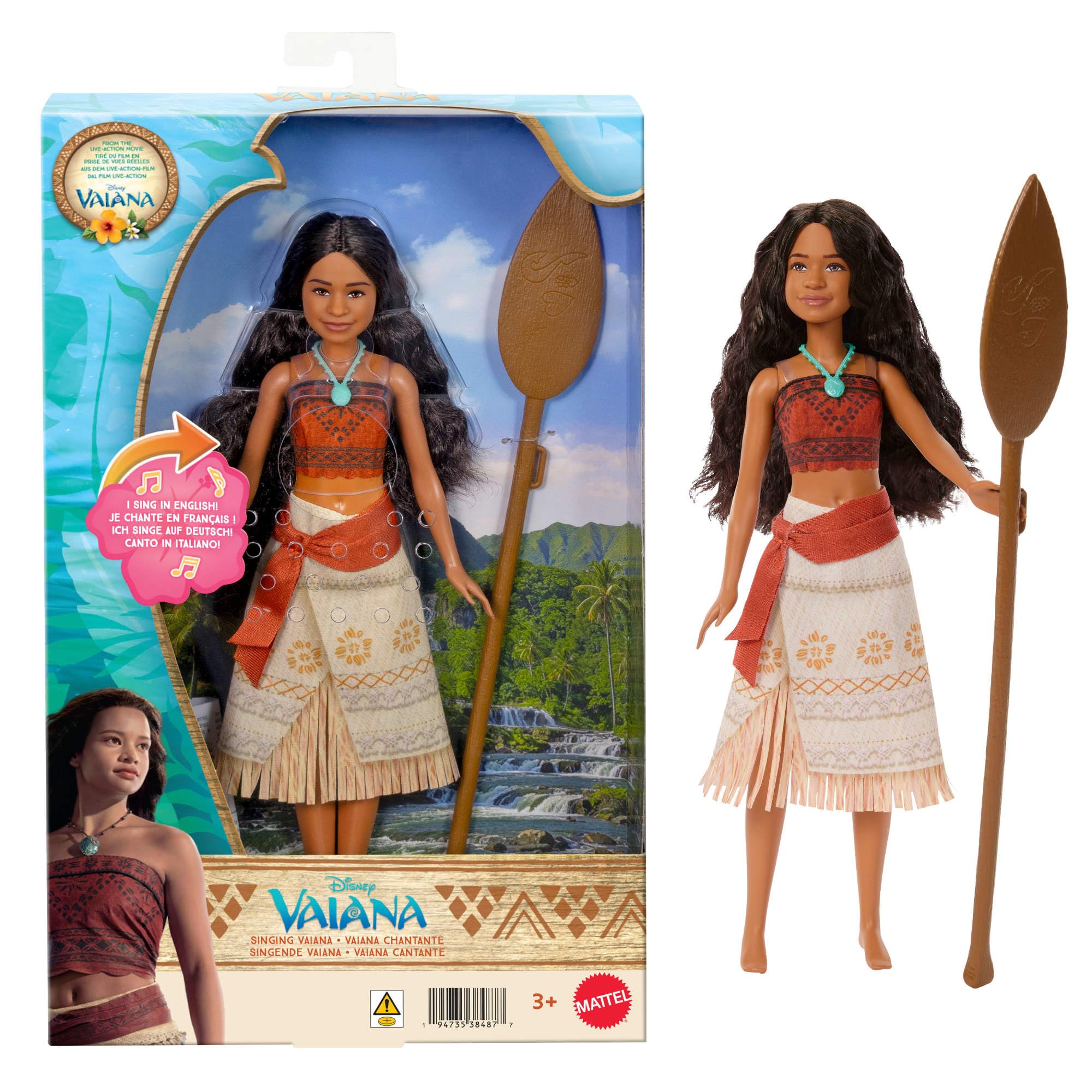 Mattel Lalka śpiewająca Disneya Vaiana z kultowym strojem i 2 akcesoriami, śpiewa jasnoniebieskie w 4 językach, inspirowana filmem podczas robienia prawdziwych zdjęć, JMT27