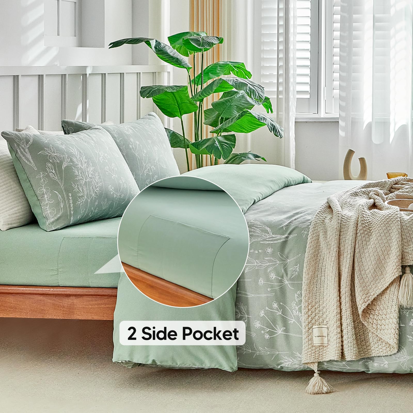 Tokokimo King Size Duvet Cover Sets 4 Piece Sage Green Bedding Set with Fitted Sheet - Floral Pattern Soft Microfiber King Size Bedding (1x Duvet Cover, 2x Pillowcases, 1x 40cm Deep Fitted Sheet) — view 5
