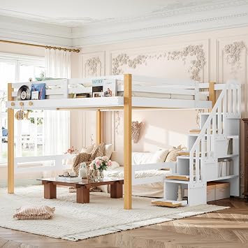 KEIKI Queen Size Wooden Loft Bed Frame with Staircase, Clothes Hook, White
