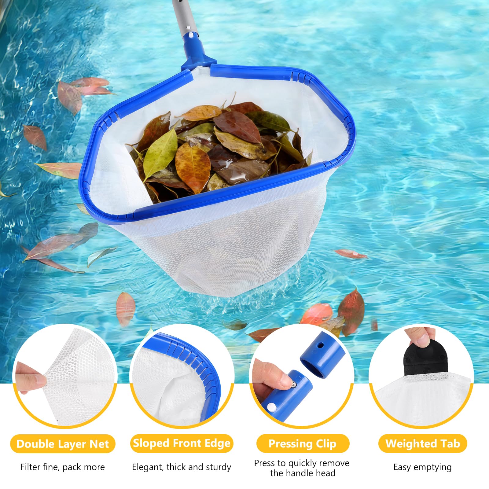 Recogedor para Piscina, Red de Limpieza con Mango Ajustable 2,7m Red Doble Capa para Estanque, Red Profunda para Piscina, Acuario, SPA - Tipo B (Marco Azul Aluminio, Red Fina Blanca Profunda)