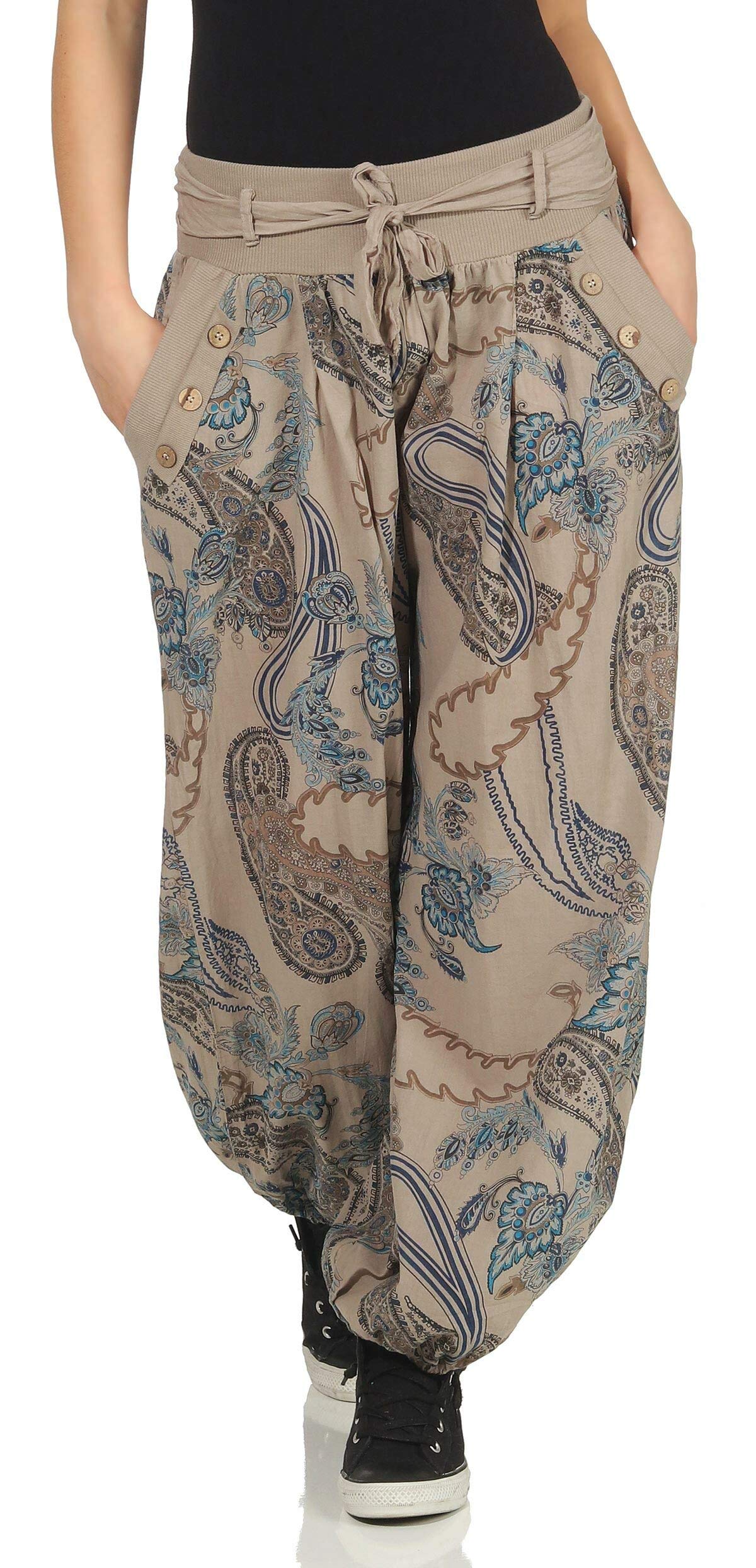 malito dames pofbroek met opdruk | lichte stoffen broek incl. riem | comfortabele vrijetijdsbroek | Harembroek - nonchalant 3481 (zwart
