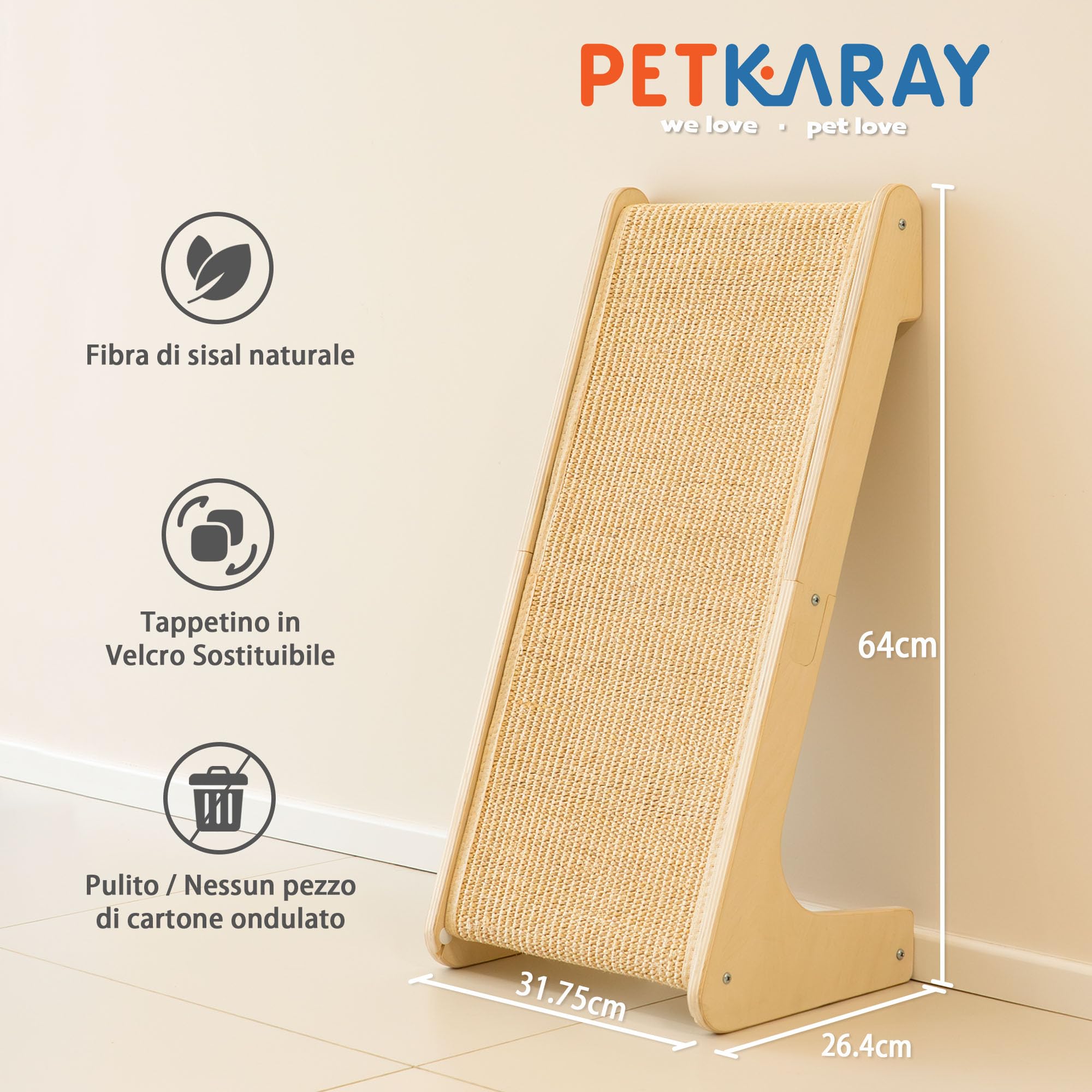 PETKARAY Tiragraffi per Gatti a Forma di L, 64 cm, Palo da Grattare in Sisal Naturale, Montaggio a Muro o a Terra, Protezione dei Mobili con Erba Gatta, Design Classico