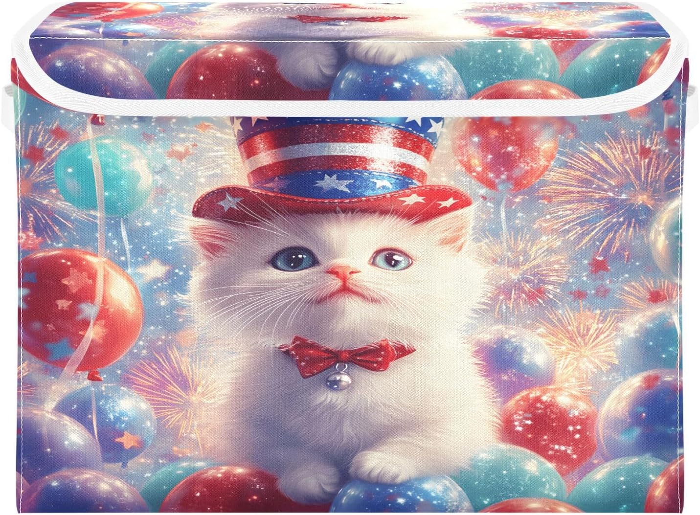 Foldable Storage Bin Basket with Lid - Cat July 4th Holiday Balloons Large Collapsible Storage Box Organizer for Home Office & Books, Clothes Storage, 16.5"x12.6"x11.8"