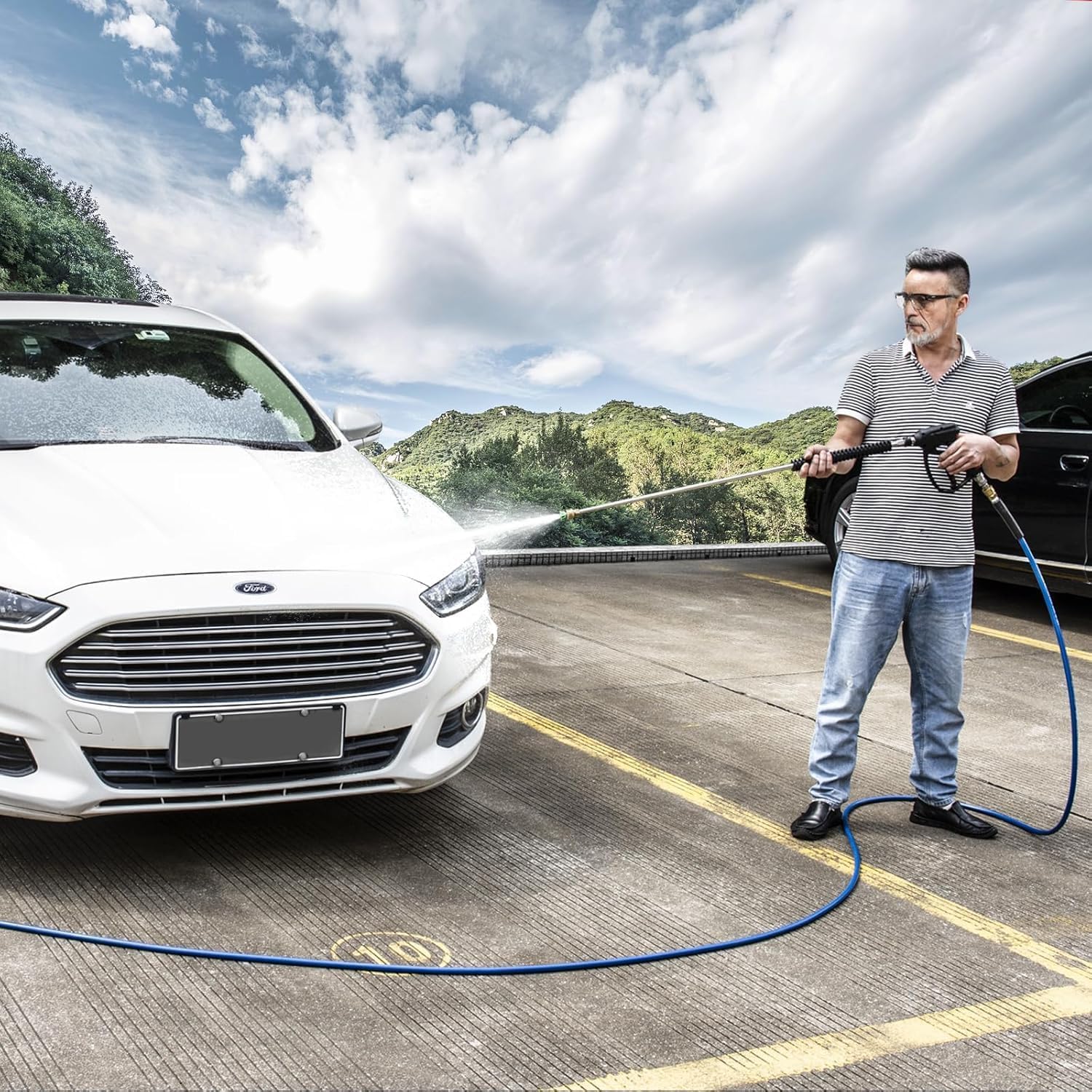 WOJET Manguera de lavado a presión de 15 m – 3/8 pulgadas de acero trenzado 4500 PSI/310 bar, manguera de alta presión para lavado a gasolina, uso en agua fría/caliente, conexión rápida de 3/8