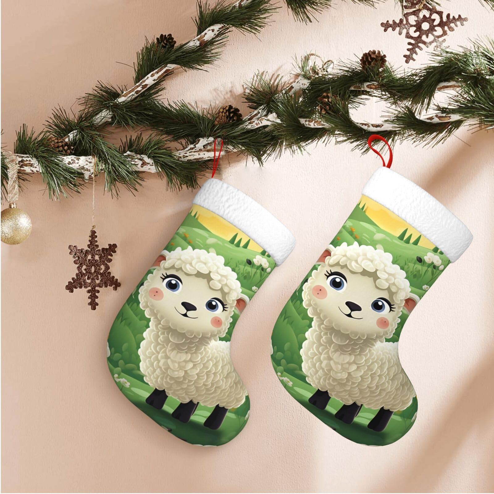17.7" Christmas Stocking 1 Piece, Cute Cartoon Sheep Xmas Stockings with White Plush Cuff Fireplace Hanging Stocking for Christmas Holiday Party Decoration