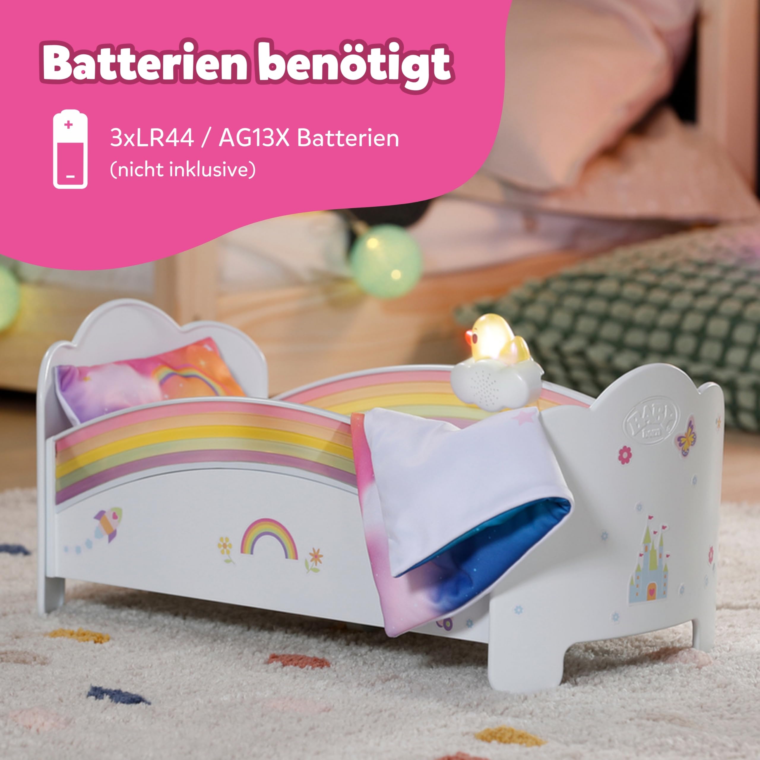 BABY born Regenbogenbett - Puppenbett mit Regenbogenlicht & beruhigender Einschlafmelodie - Hochwertiges Puppen Zubehör inkl. Wendebettwäsche & Stickern - Geeignet für Kinder ab 3 Jahren